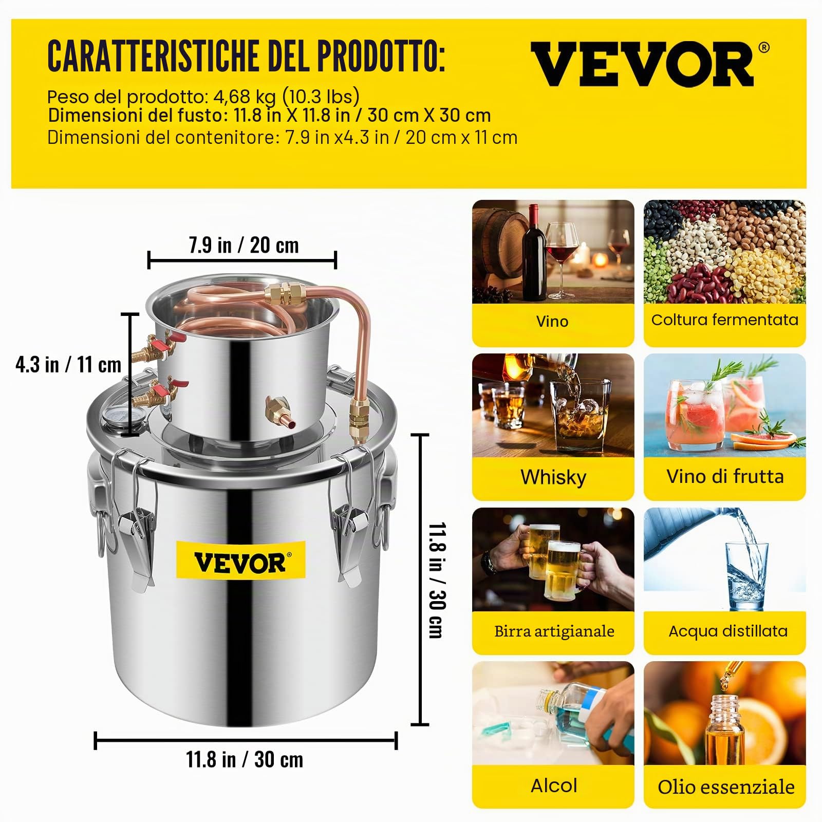 VEVOR Kit di Distillatore Alambicco in Acciaio Inox Rame Puro Materiale per Uso Alimentare Capienza del Serbatoio 19L, Kit Distillatore 30 x 30 cm per Liquore Acqua Distillata Vino con Pompa d'Acqua