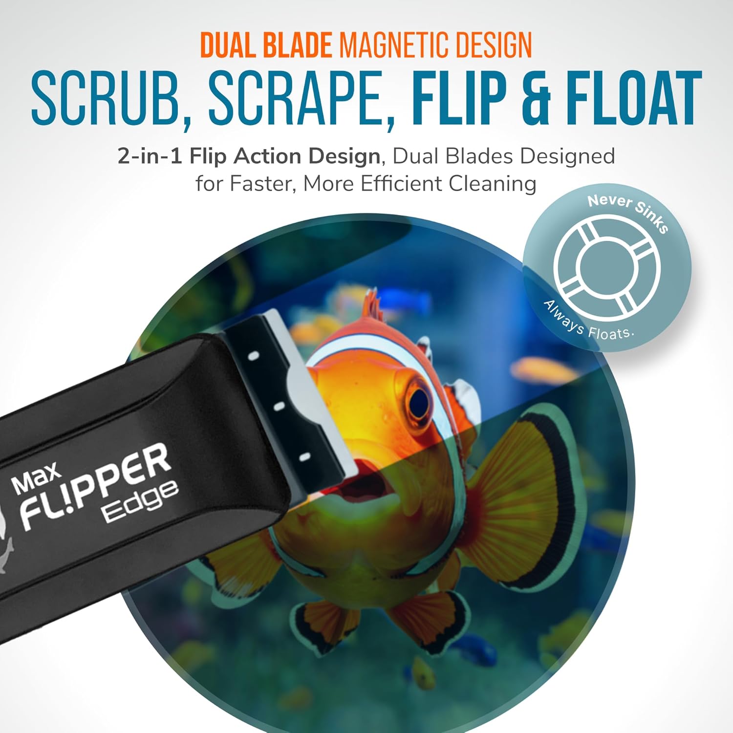 FLIPPER EDGE MAX Magnetic 2-in-1 Aquarium Cleaner for Glass and Acrylic Tanks up to 1 Inch (24mm) Thick – Dual Blade Design with Floating Algae Scraper and Cleaning Tool – Black