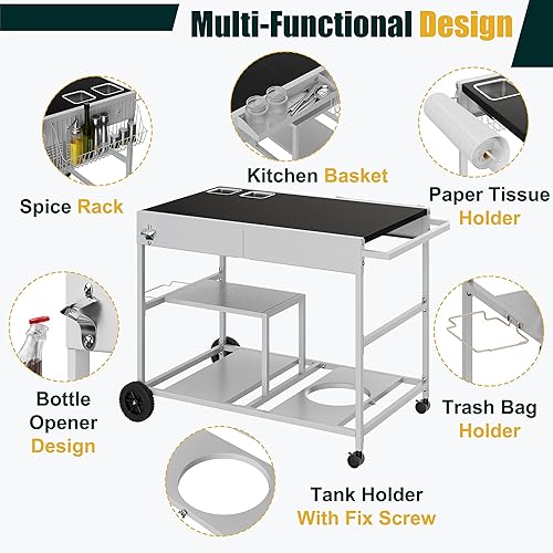 Miniatura 7 de Shintenchi Mesa de carrito para horno de pizza con estación de cobertura y ruedas, soporte de mesa para parrilla de mesa al aire libre, carrito de
