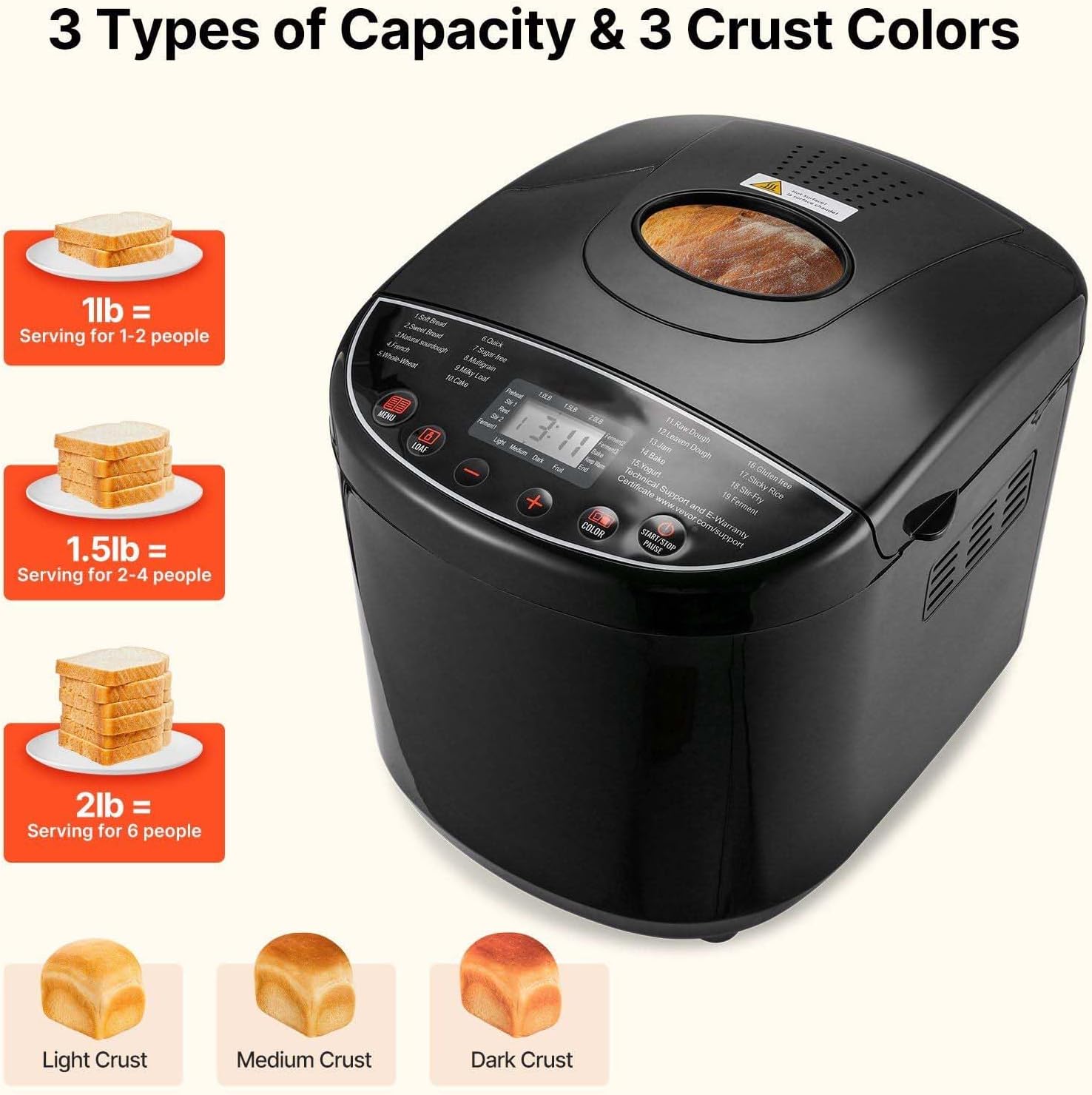 Bread Maker 2LB, 19-in-1 Automatic Dough Machine, Nonstick with 3 Crust Colors - Compact Kitchen Bread Baking for Home Use