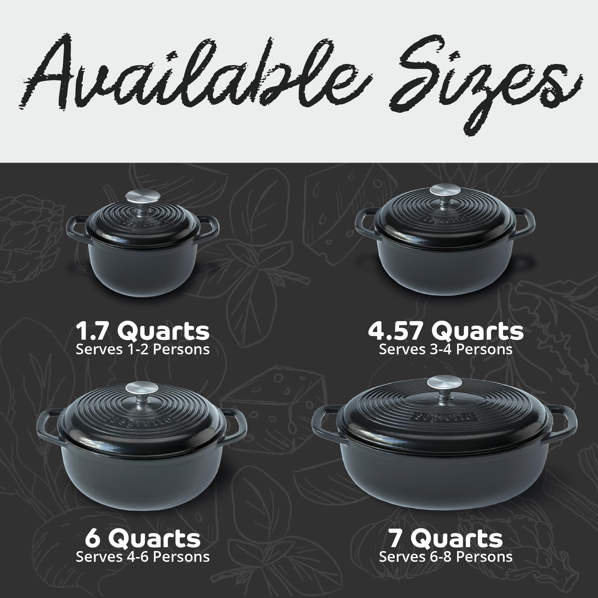 Segretto Cookware Enameled Cast Iron Oval Dutch Oven, 7 Quarts, Black