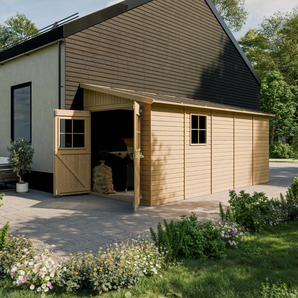 TIMBELA M341 Abri de Jardin en Bois Naturel (sans paroi latérale)- Stockage extérieur avec fenêtres- H244x216x513 cm/10 m2, Hangar en Bois Naturel - Atelier Rangement Outils et vélos