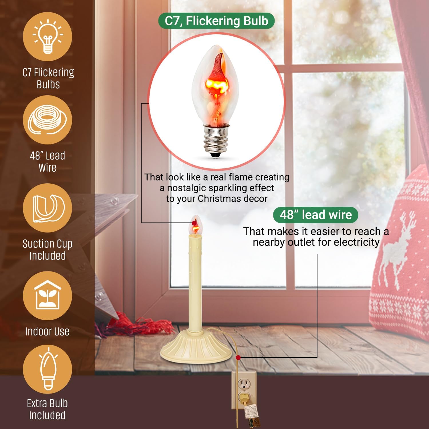 Tupkee Christmas Candolier Window Candle – with Flickering Bulb – Single Indoor -Flameless Electric Window Candle Candelabra - 2 Pack