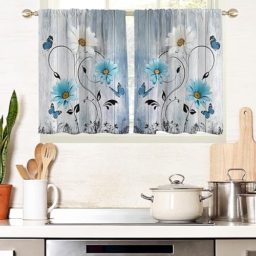 Miniatura 15 de AAtter Cortinas florales amarillas para ventana de cocina, diseño abstracto de margaritas blancas botánicas, pequeñas y cortas, para el hogar, sala