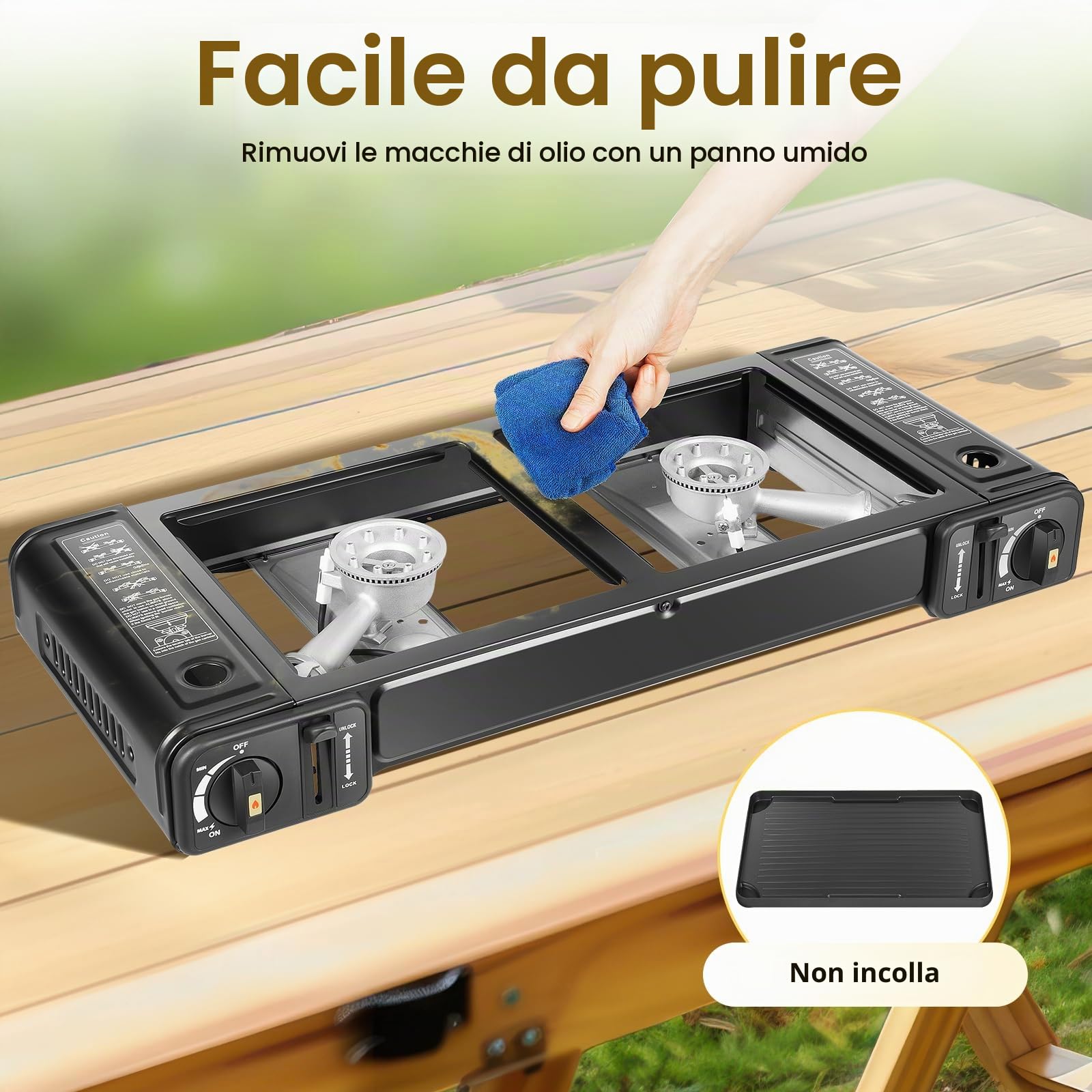 Fornello a gas da campeggio a 2 fuochi, fornello da campeggio con accensione piezoelettrica e serratura di sicurezza, fornello a doppio gas con ciotola e valigetta per barbecue all'aperto