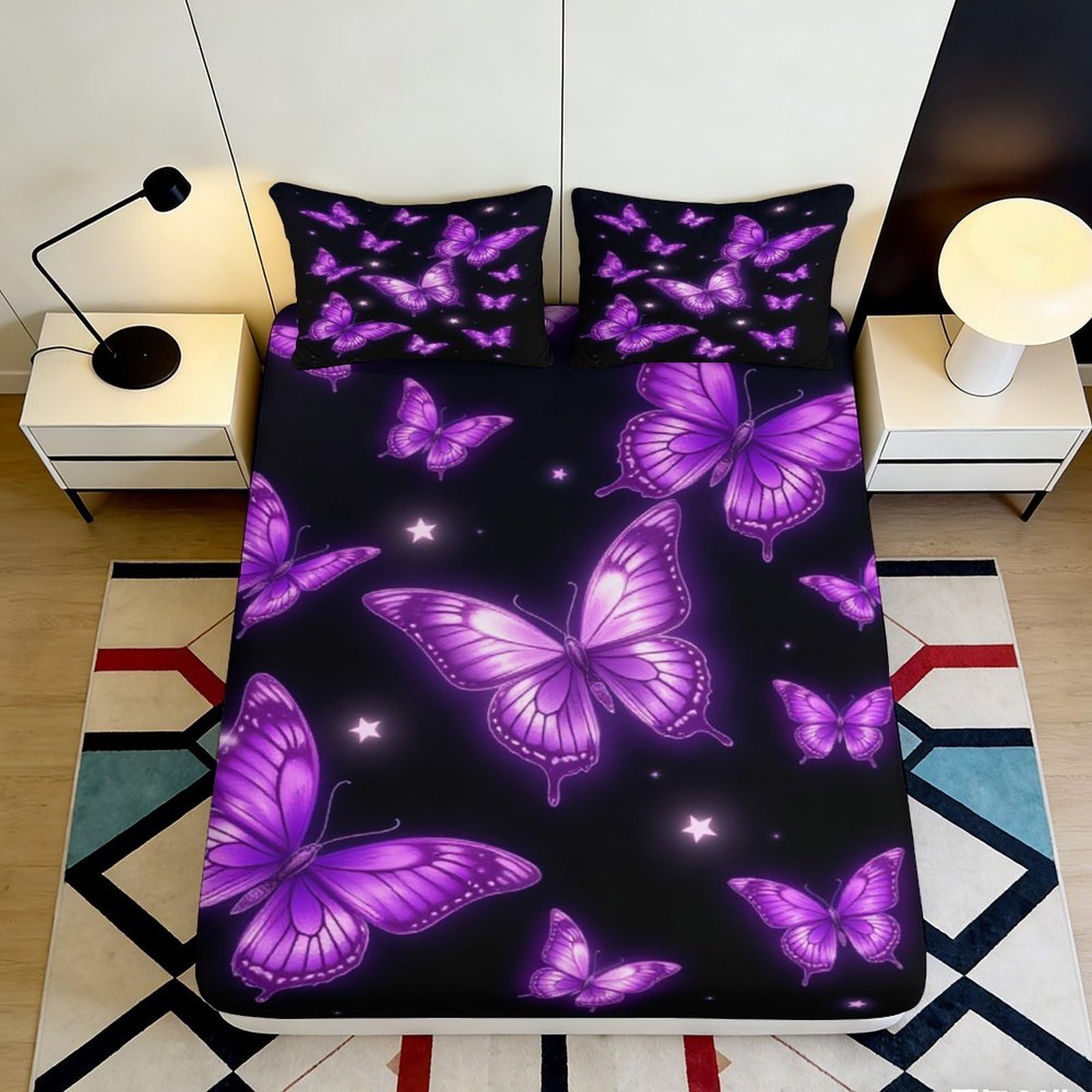 Pnayamiorkfel Style-9 3D Printed Purple Butterfly Fitted Sheet Microfiber Bedroom Decor Star Pattern Mattress Cover For Home Dorm Guest Room 90X200x25cm