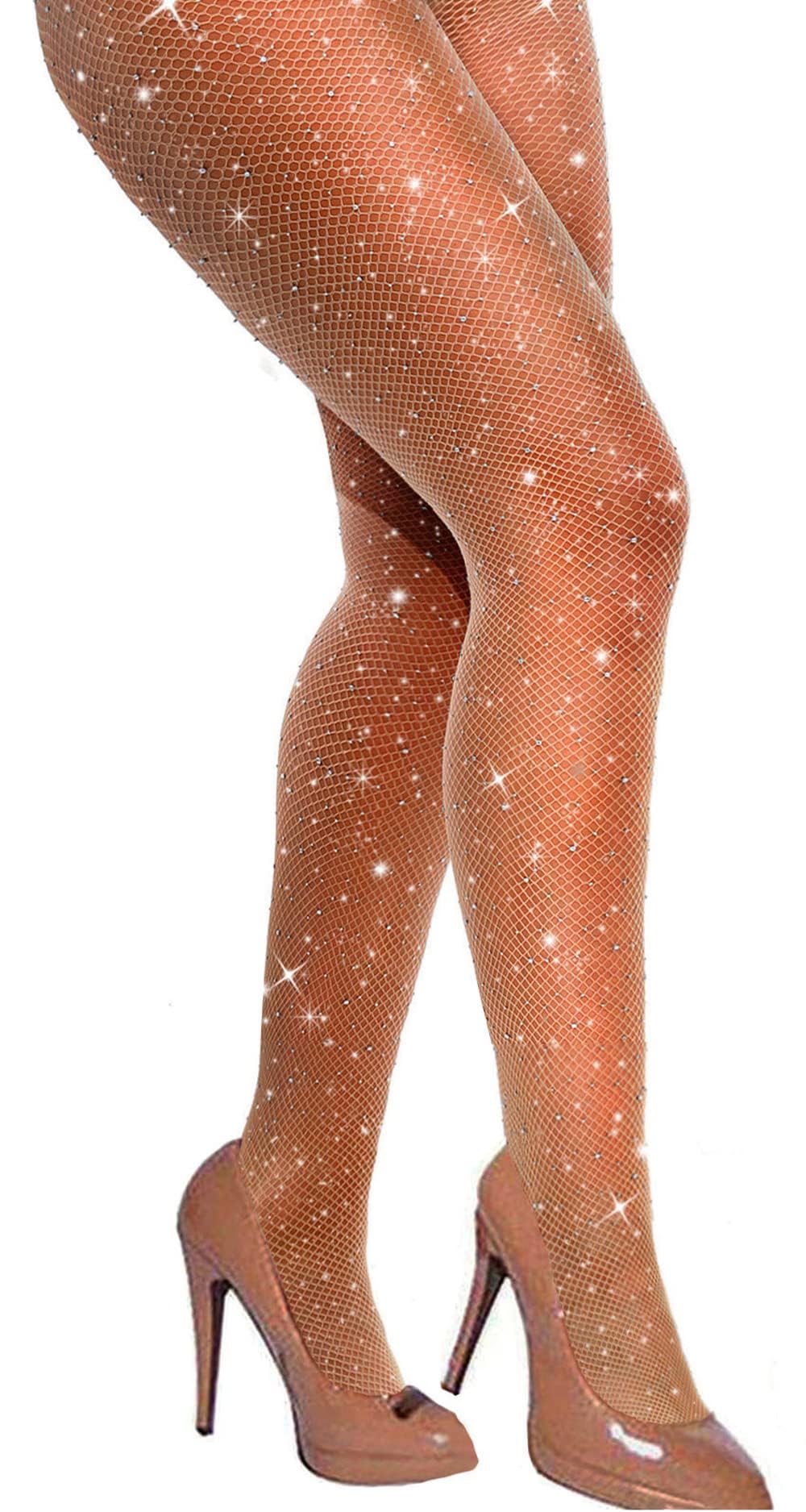 VEBZIN Sexy Sparkly Fishnets Stockings Jeweled High Waist Fishnet Tights for Women Rhinestone Party Pantyhose