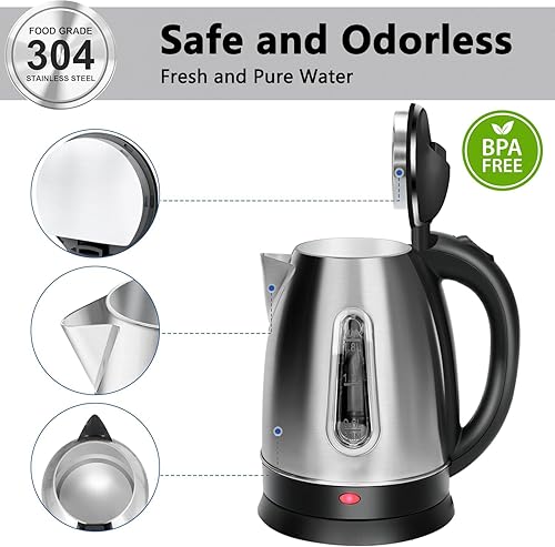 Miniatura 4 de Hervidor eléctrico de acero inoxidable, 1.8 litros, tetera y hervidor de agua caliente, base giratoria de 360, sin BPA, apagado automático, a prueba