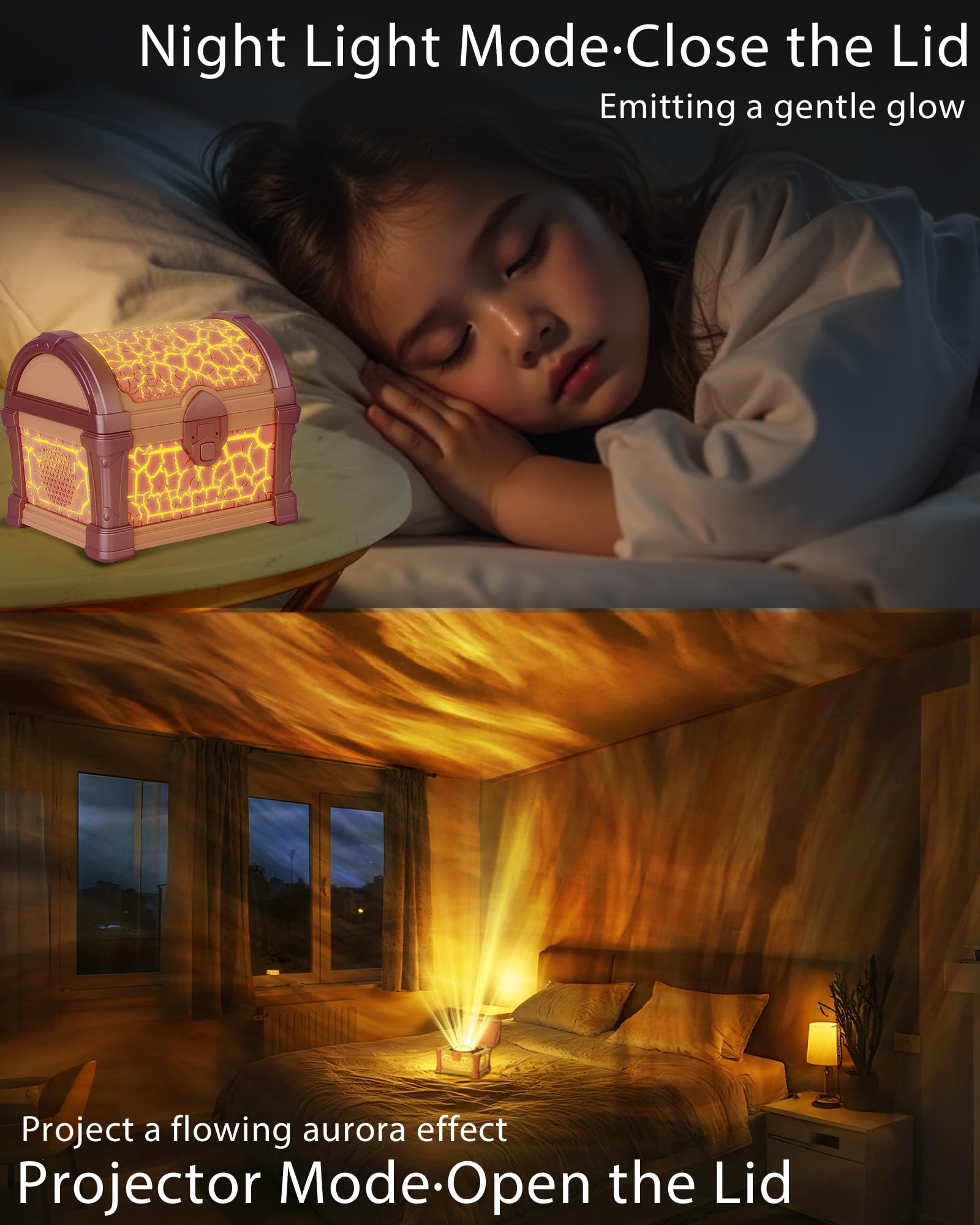 Pink Treasure Chest Northern Lights Projector Night Light For Girls – 7-Color Aurora, Auto Timer, Dimmable, Kids Room Decor