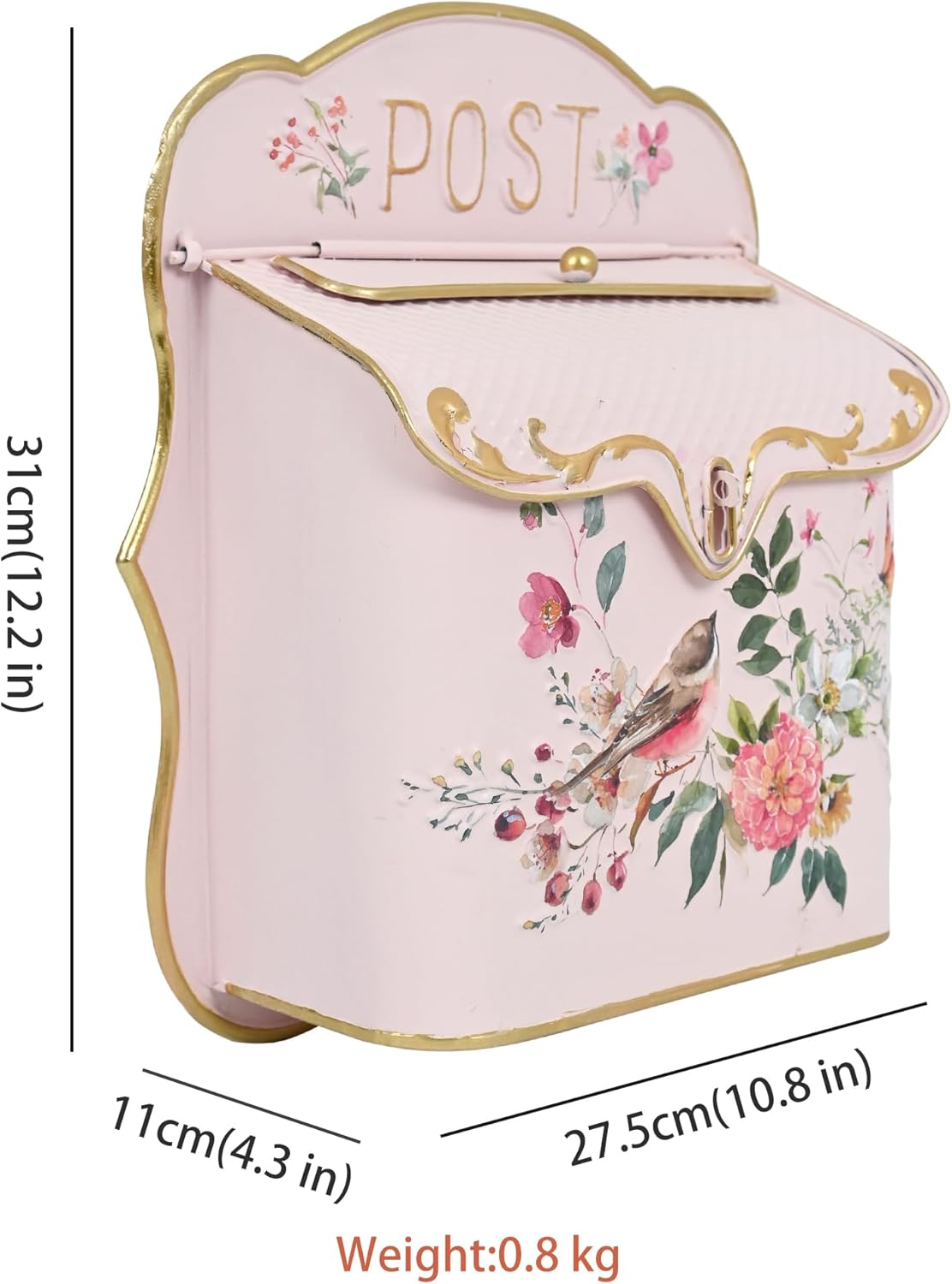 BIG FORTUNE Wall Mount Mailbox for House Outside Vintage Metal Door Mailbox Antique Style Nostalgic Charm Home Decor Garden Vintage English Cottage Decor Flower Patter (Pink)