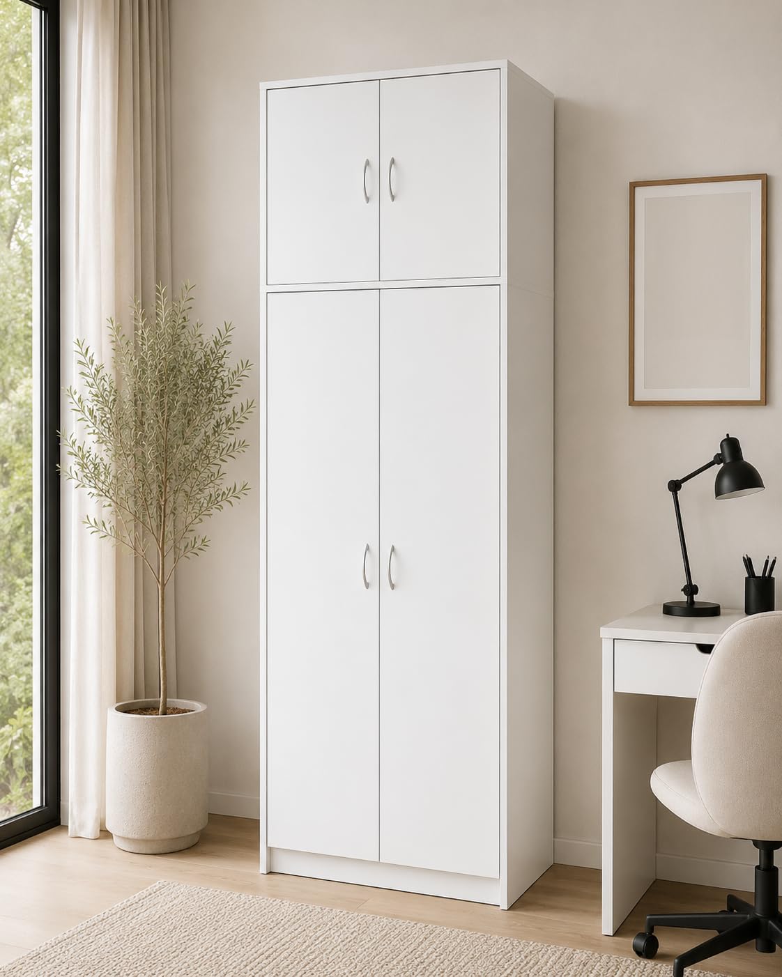 Armadietto alto multiuso, con 4 ante e 10 scomparti, 235 x 74 x 35 cm, (Bianco)