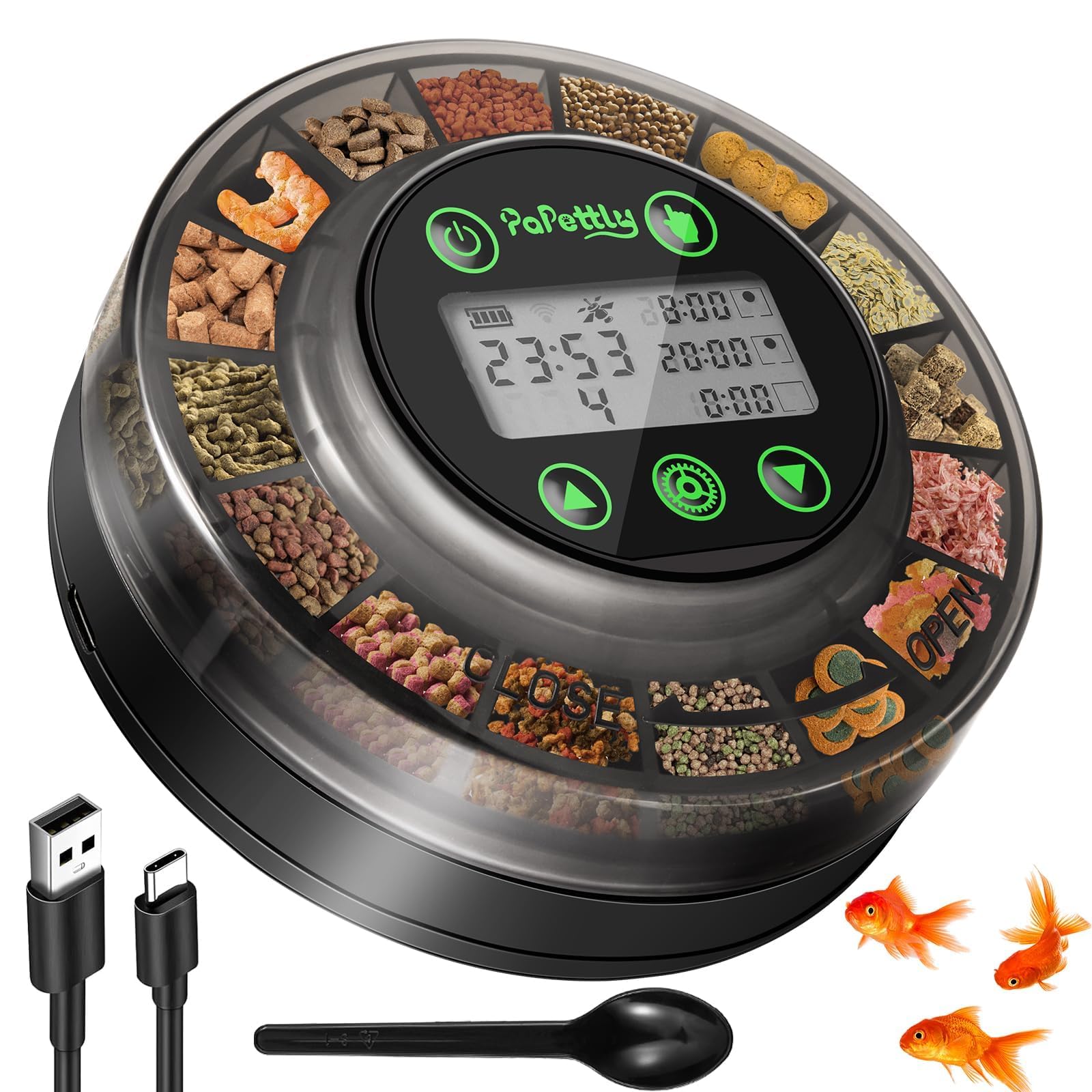 Papettly Alimentador Automatico Acuario - 200ml Comedero Automatico Peces con USB Charger y Pantalla LCD para Tortugas Peceras con Temporizador de Vacaciones, Cuchara Dispensador Comida Pieces, Negro