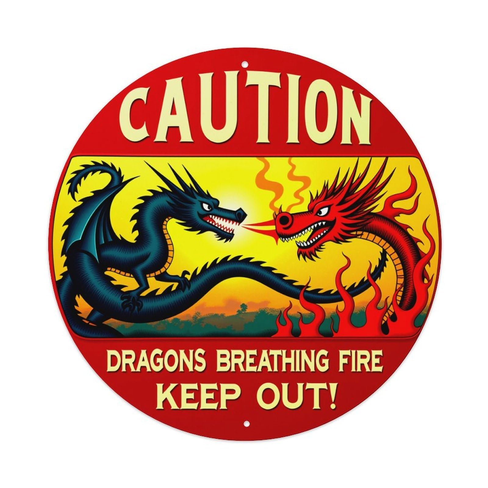 Caution Dragons Breathing Fire Keep Out Round Tin Sign Vintage Metal Poster Retro Bar, Home, Man Cave, Kitchen, Laundry Room Wall Art Decor Gift 8x8Inch