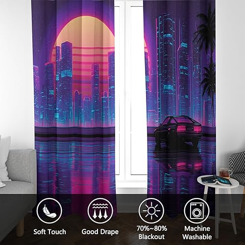Miniatura 7 de Retro Synthwave Curtains Blackout, 80s Neon Cityscape Cyberpunk Curtains, 96 Inch Drapes, Eyelet Thermal Window Treatments for Bedroom, Living Room,