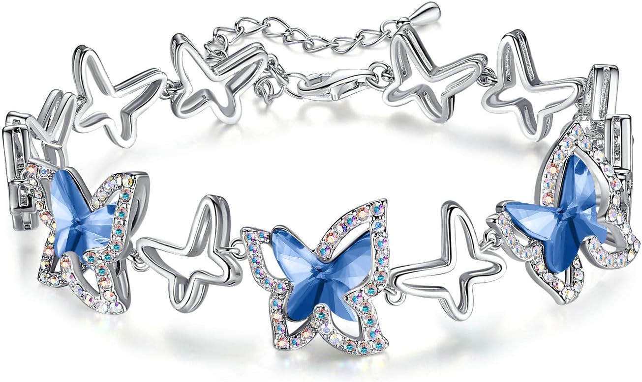 Valentine's Day Gift For Women Butterfly Link Charm Bracelet with Premium Birthstone Crystal, Silver-Tone, 7”+2” Chain