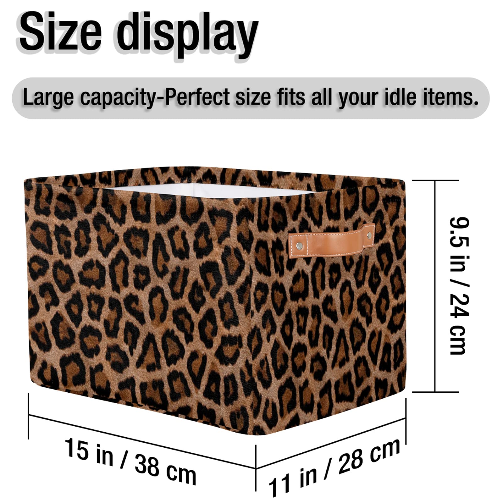 Leopard Print Storage Basket Bins, Animal Texture Large Foldable Storage Baskets Fabric Organizer Storage Cubes Box with Handles Collapsible Basket for Shelf Closet Nursery Home Office