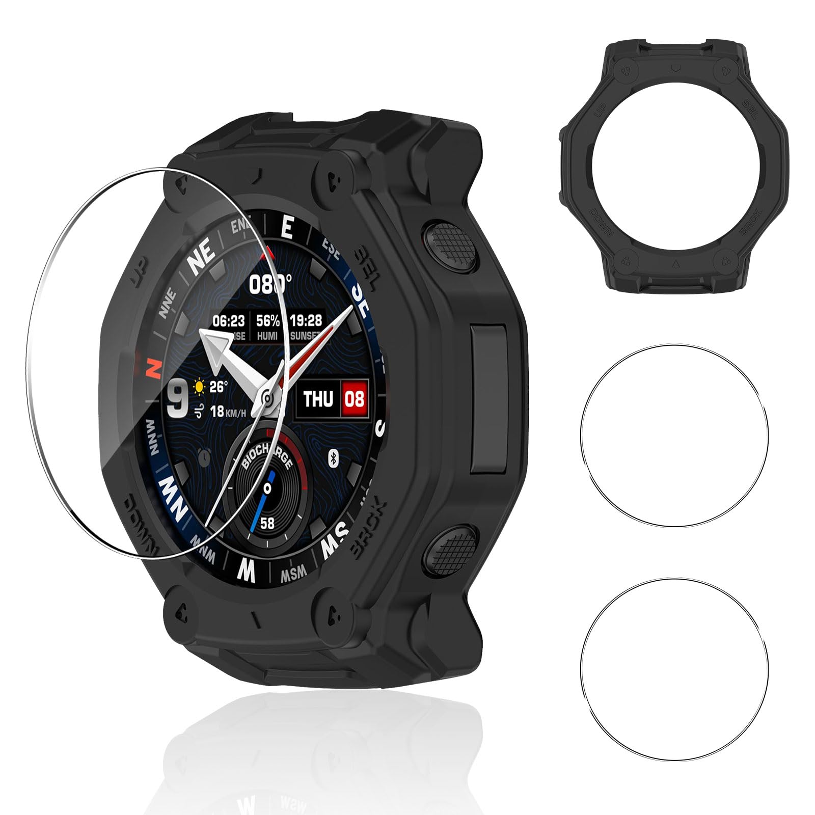 Case for Amazfit T-Rex 3 Pro 48 mm, 9H HD Tempered Glass Screen Protector*2, Anti-Shock Bumper Anti-Scratch Protective Soft Silicone Frame Case – Black