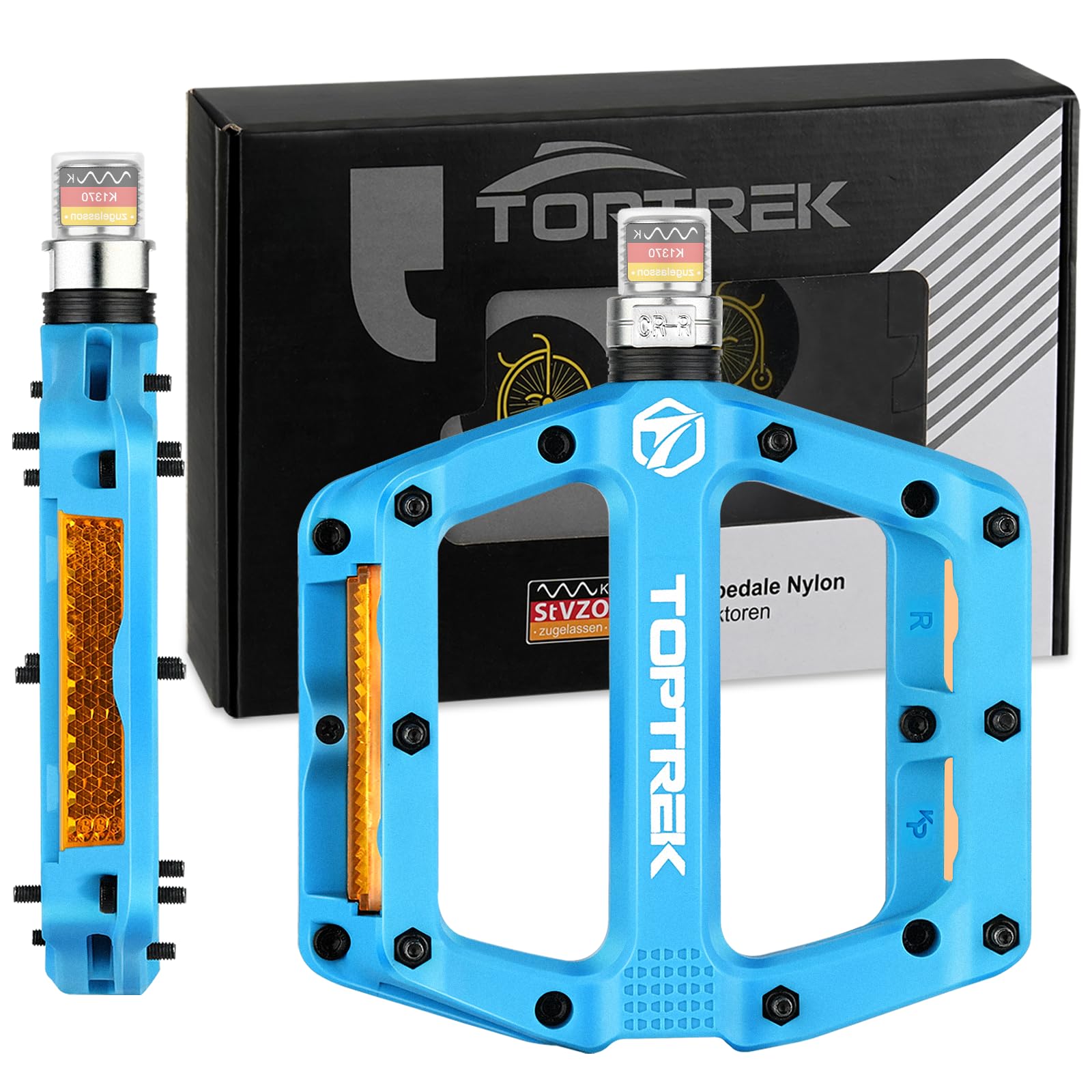 toptrek Fahrradpedale mit StVZO Reflektoren, Pedale Fahrrad Nylon Composite Flatpedale, 3 Bearing rutschfest MTB Pedale, 9/16 Zoll Fahrrad Pedalen Set für Rennrad/Mountainbike/Trekking/E-Bike