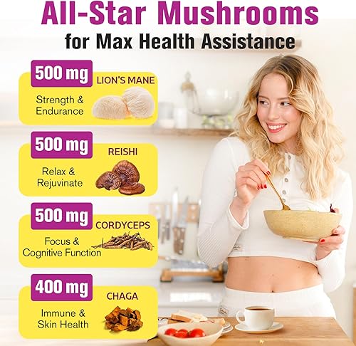 Miniatura 3 de Polvo de hongos  para café de hongos, complejo de hongos 20 en 1 con polvo de melena de león, reishi, cordyceps, cola de pavo y hierbas, suplementos