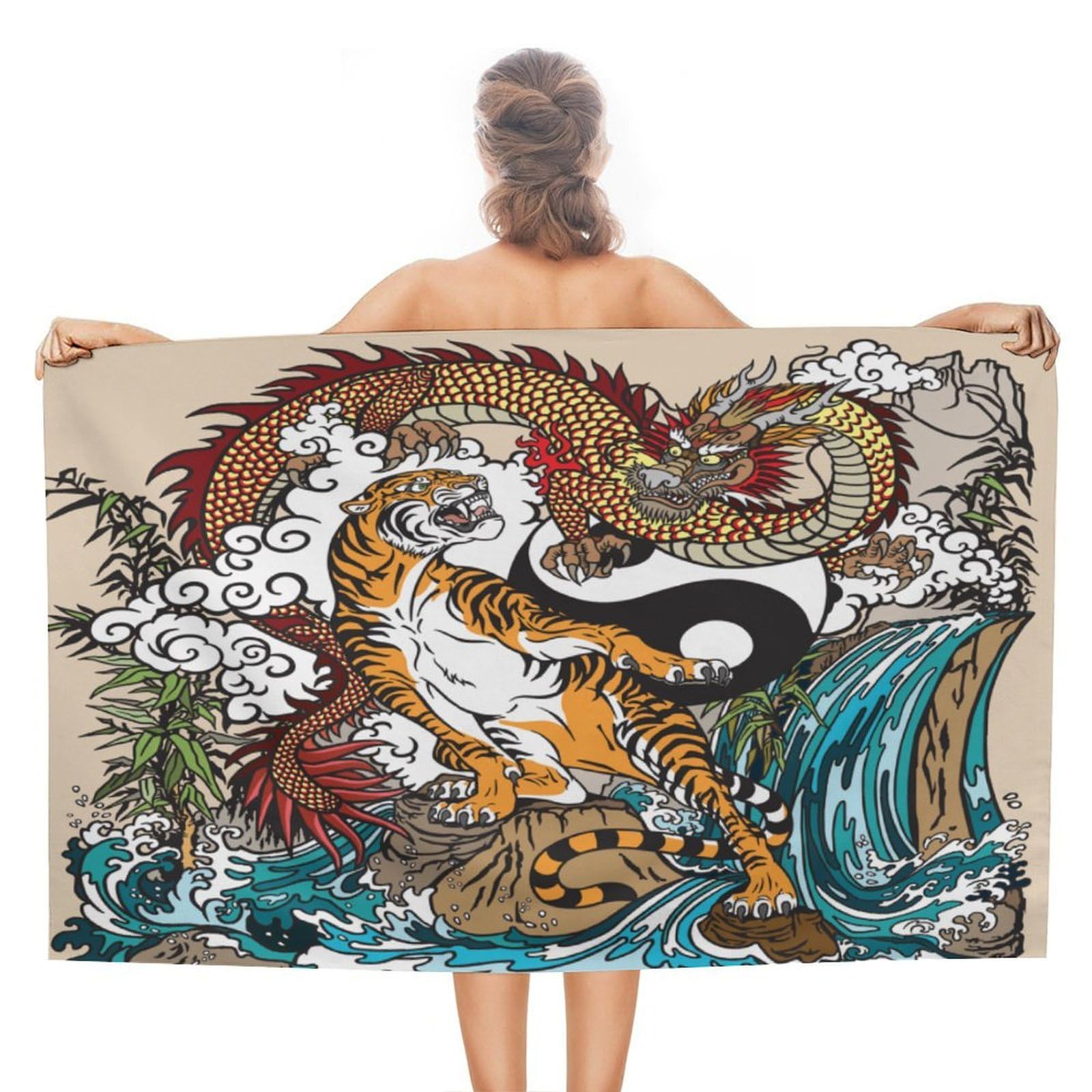 CGSBNGHA Ying-and-Yang Chinese Dragon And Tiger Beach Towels Soft Bathroom Bath Pool Swim Towels for Women Men