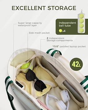 Tennis Tote Bag with Shoe Compartment for Women Men Paddle Cover Pocket External Ball Bag and Waterproof barrier Fence Hook