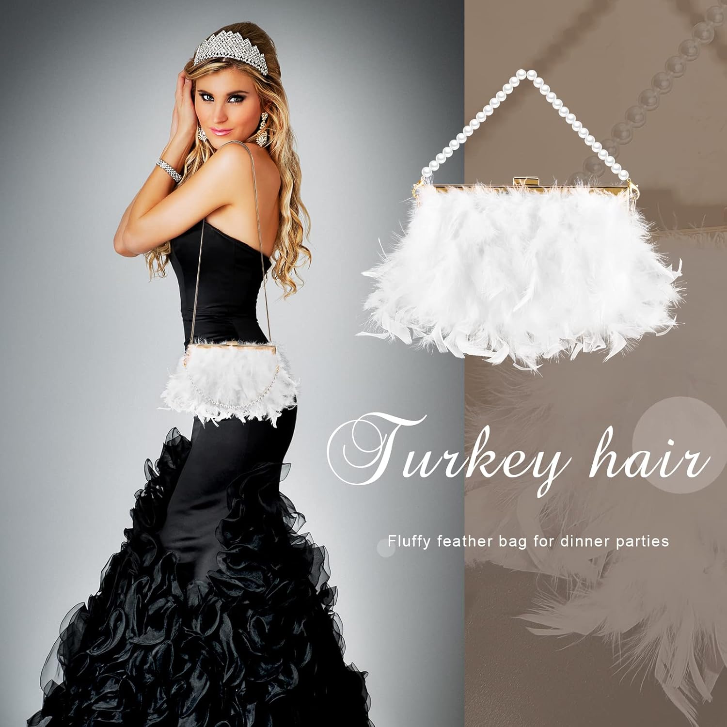 Amylove Feather Clutch Purses for Women, Evening Bags Furry Purse with 2 Chains for Wedding Bride Fringe Glossy Designer - Image 6