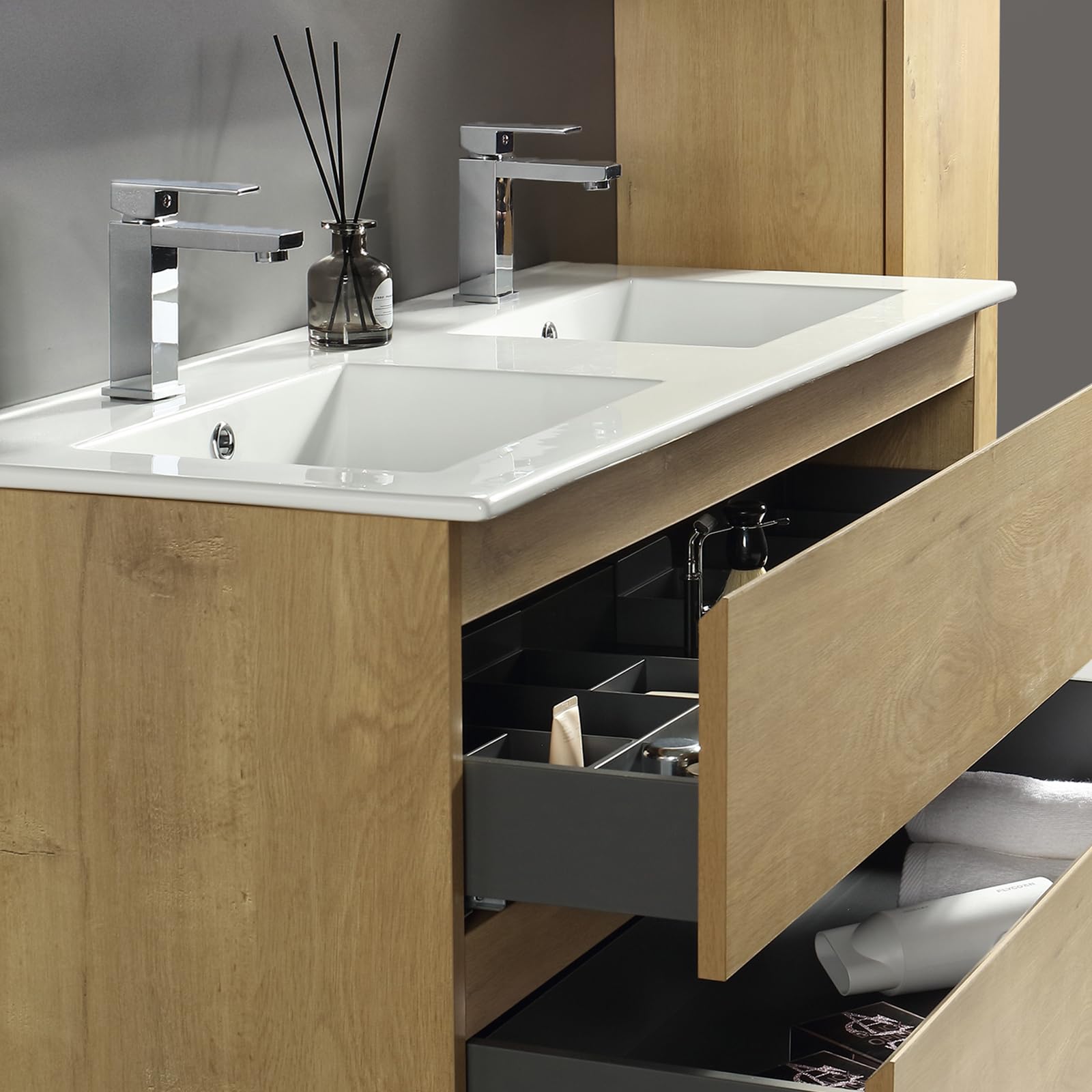 Alpenberger Waschtisch mit Unterschrank 120 cm Breit | Badezimmerschrank Badezimmermöbel Doppelwaschbecken | Waschbeckenunterschrank mit Waschbecken | Doppelwaschtisch (Vivento 120 Eiche Natur)