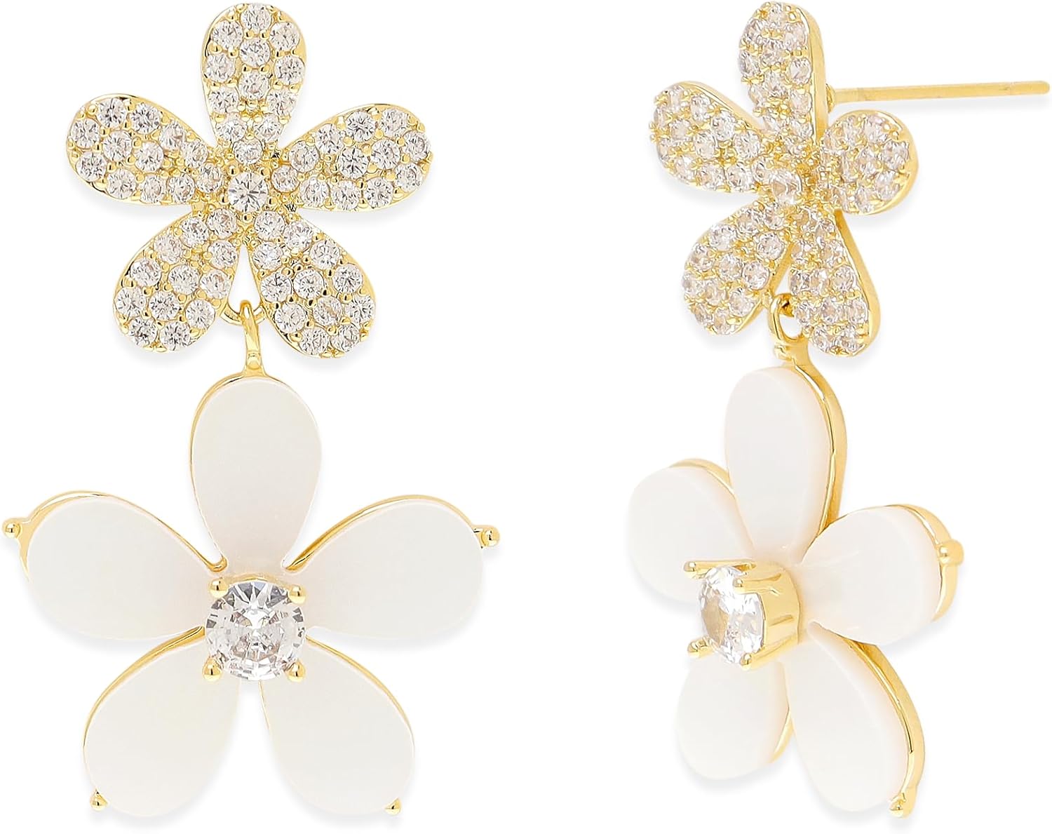 Chunky White Black Flower Dangle Earrings for Women, Trendy Hypoallergenic Rhinestone Long Five Petal Dangling Earing Spring Birthday Holiday Jewelry Gift