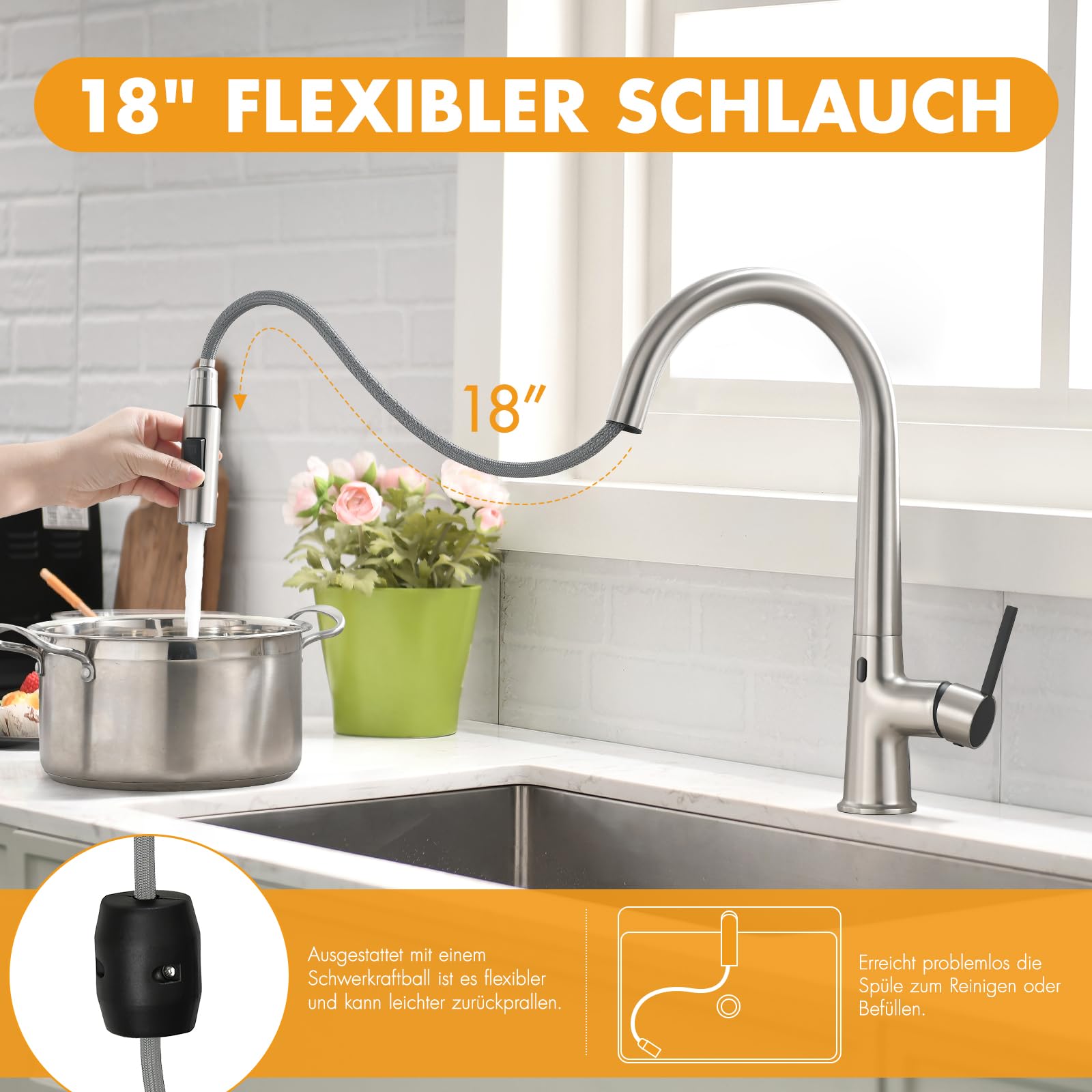 AIMADI Sensor Wasserhahn Küche Ausziehbar Automatisch Küchenarmatur Berührungslos, 360° Drehgelenk, 2 Sprühmodi Armatur Küche Spültischarmatur Flexibel & Modern Gebürstete Nickel