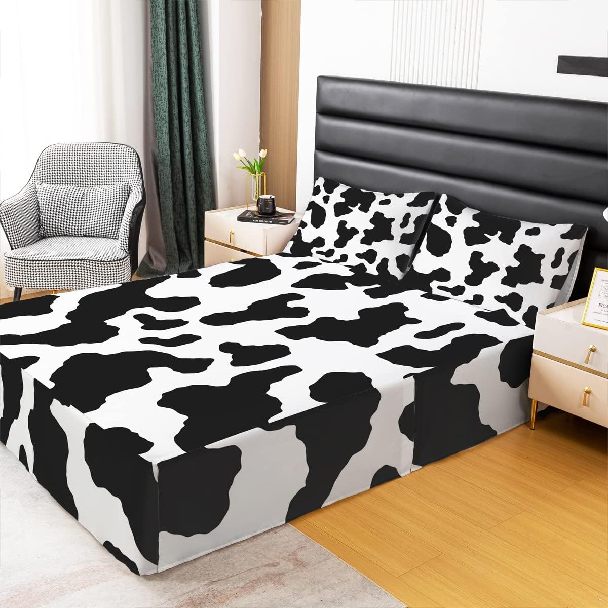 Erosebridal Cow Bed Skirt for Boys, Kids Milk Cow Print Bed Skirts Queen, Black and White Bedskirt for Girls Teenager Women Bedroom Decor, Abstract Soft Microfiber Bedding Set with 2 Pillow Cases