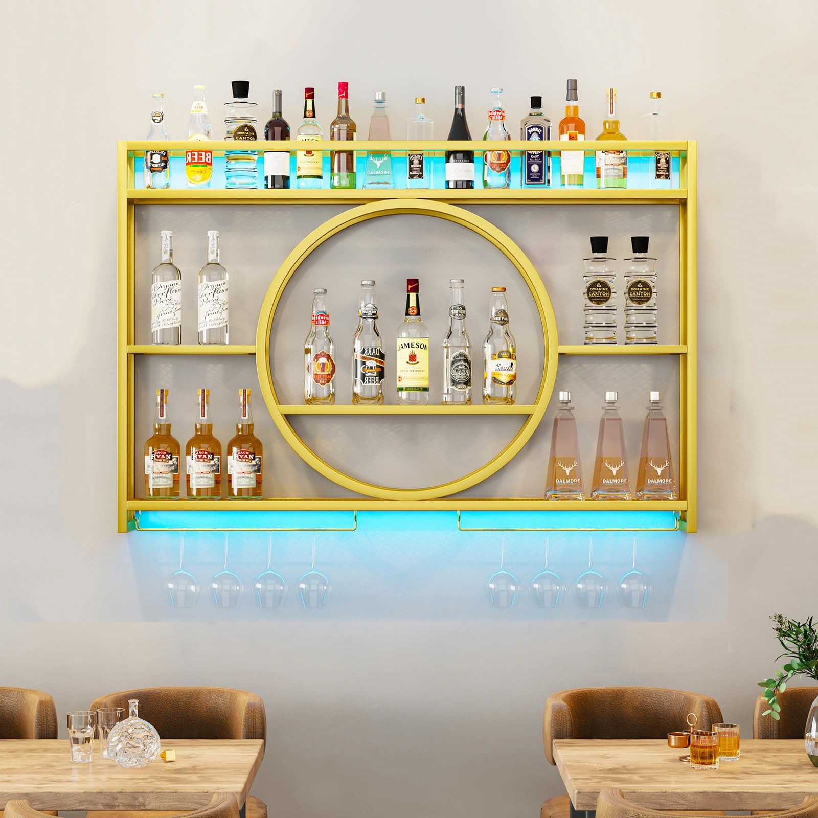 Étagère à vin murale LED avec support de verre suspendu bar