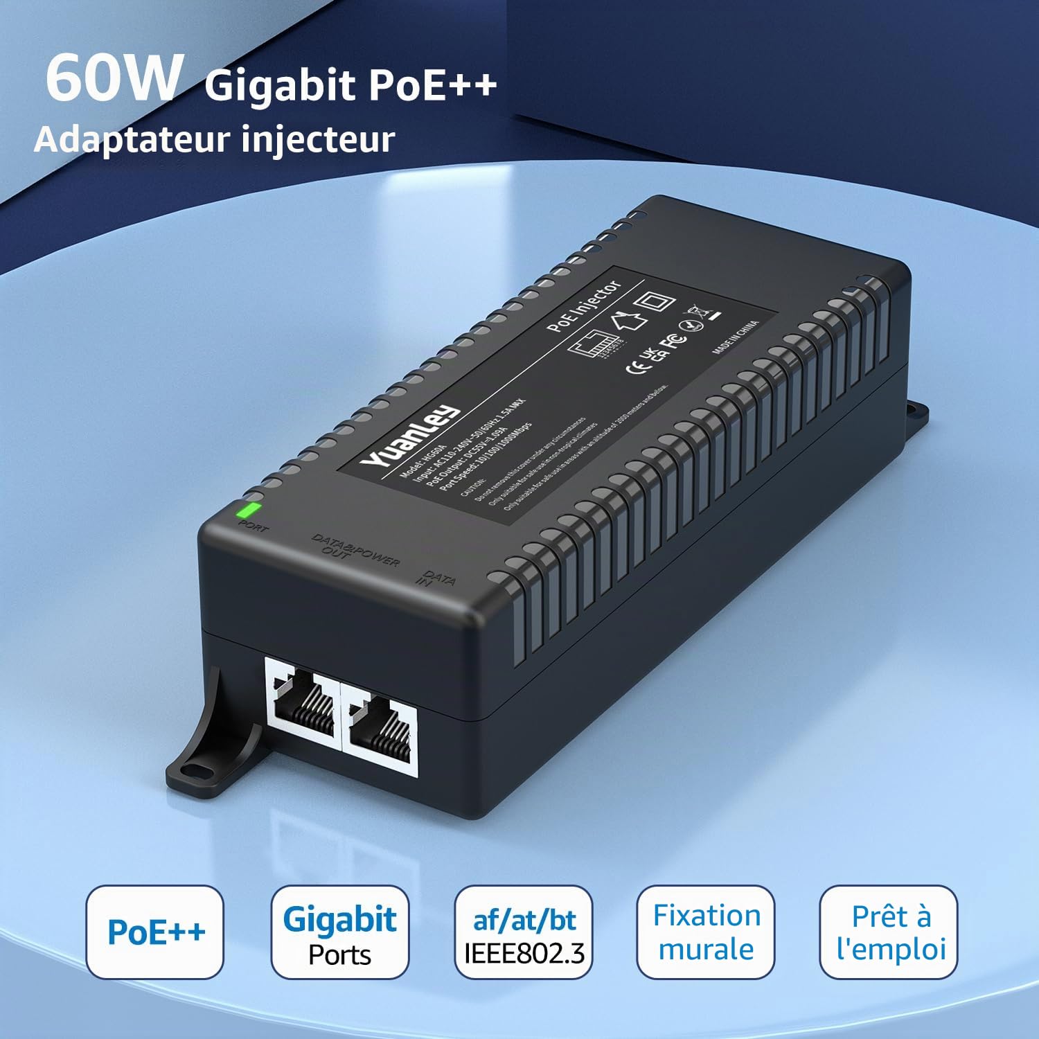 YuanLey Gigabit Injector PoE 60W, Injecteur PoE++ Convertit Non-PoE en Réseaux PoE++, 802.3bt/at/AF, 10/100/1000Mbps Adaptateur PoE Plug & Play, Distances Jusqu'à 100 Mètres, Montage Mural