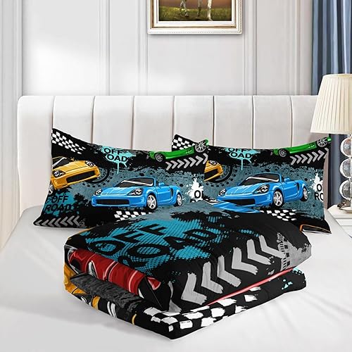 Miniatura 5 de QOOMO Juego de edredón de auto de carreras tamaño individual, juego de edredón para niños, ropa de cama con impresión de juegos de carreras