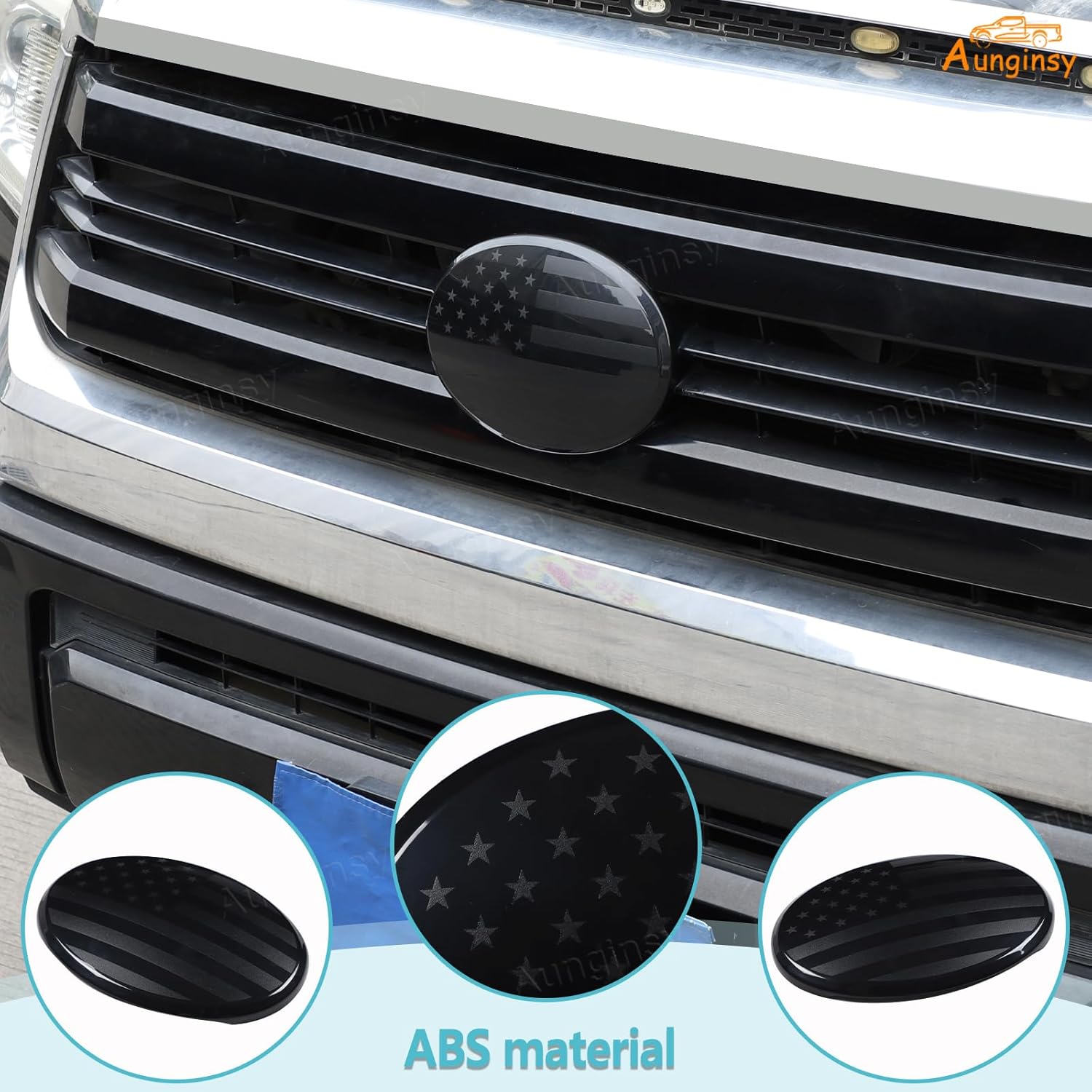 Aunginsy Car Front Emblem Trim Cover Compatible with Toyota Tundra 2007-2017, Front Hood Center Grille Emblem Badge Logo Cover Circle Ring Decorative Overlay ABS Accessories, American Flag Pattern