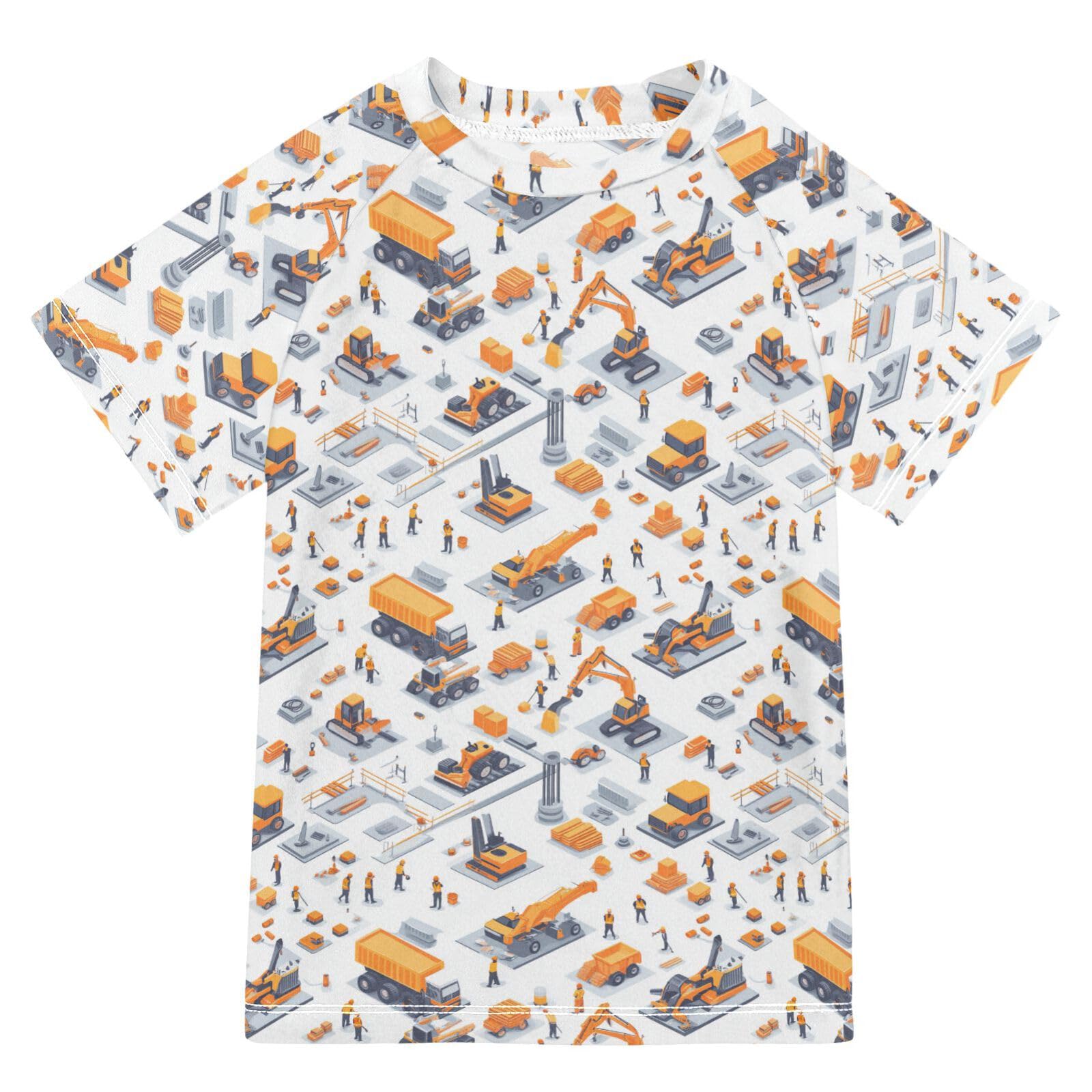 KLL Girl Bathing Suit Short Sleeve Girl Swim Rashguard 7T Construction Scene Build Schools Grader Excavator