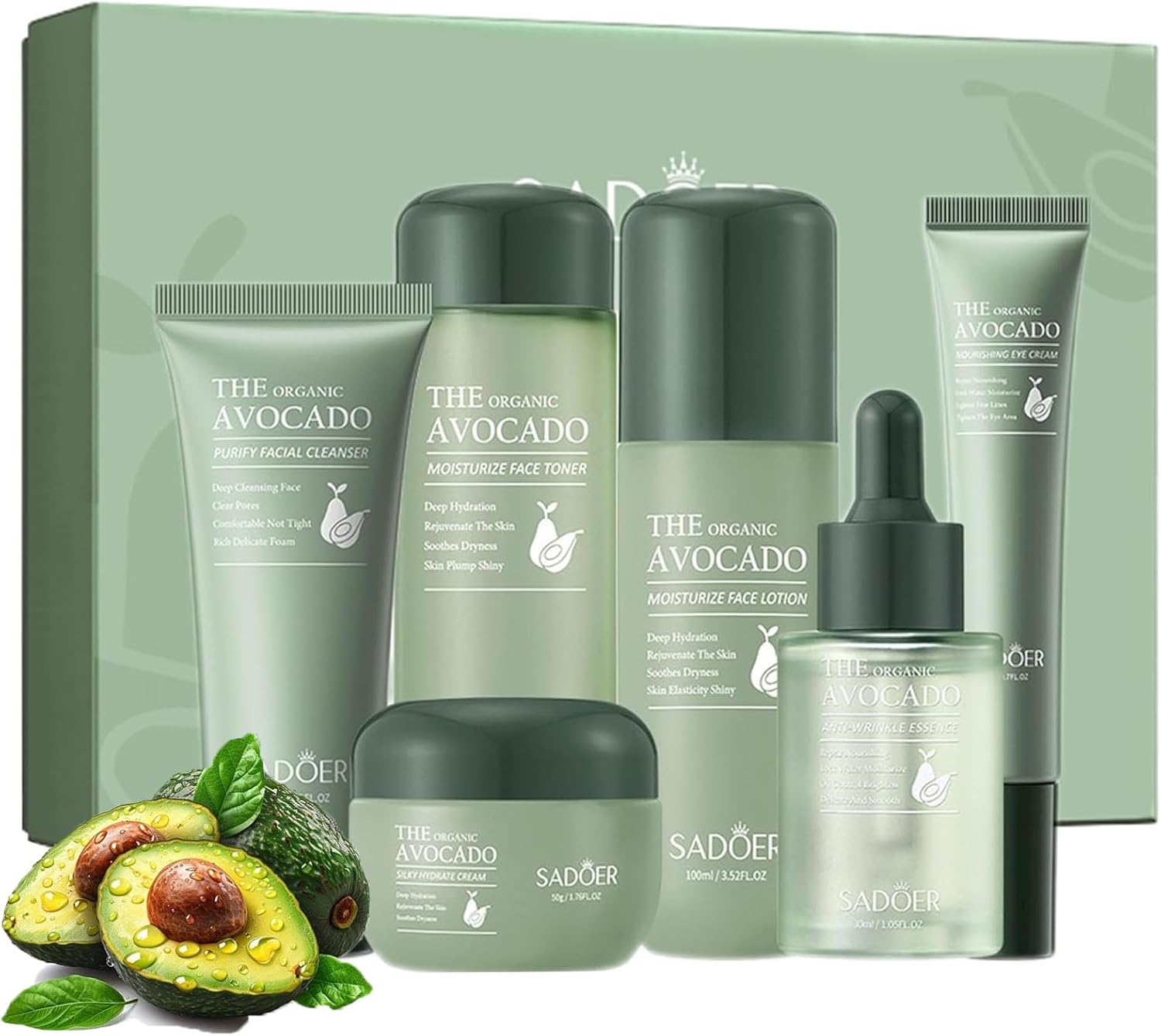 6pcs Avocado Skincare Set, Skin Care Gift Set with Facial Cleanser, Toner, Lotion, Face Serum, Face Cream, Eye Cream For Hydrating Skin Anti-Aging Skin For Women Men