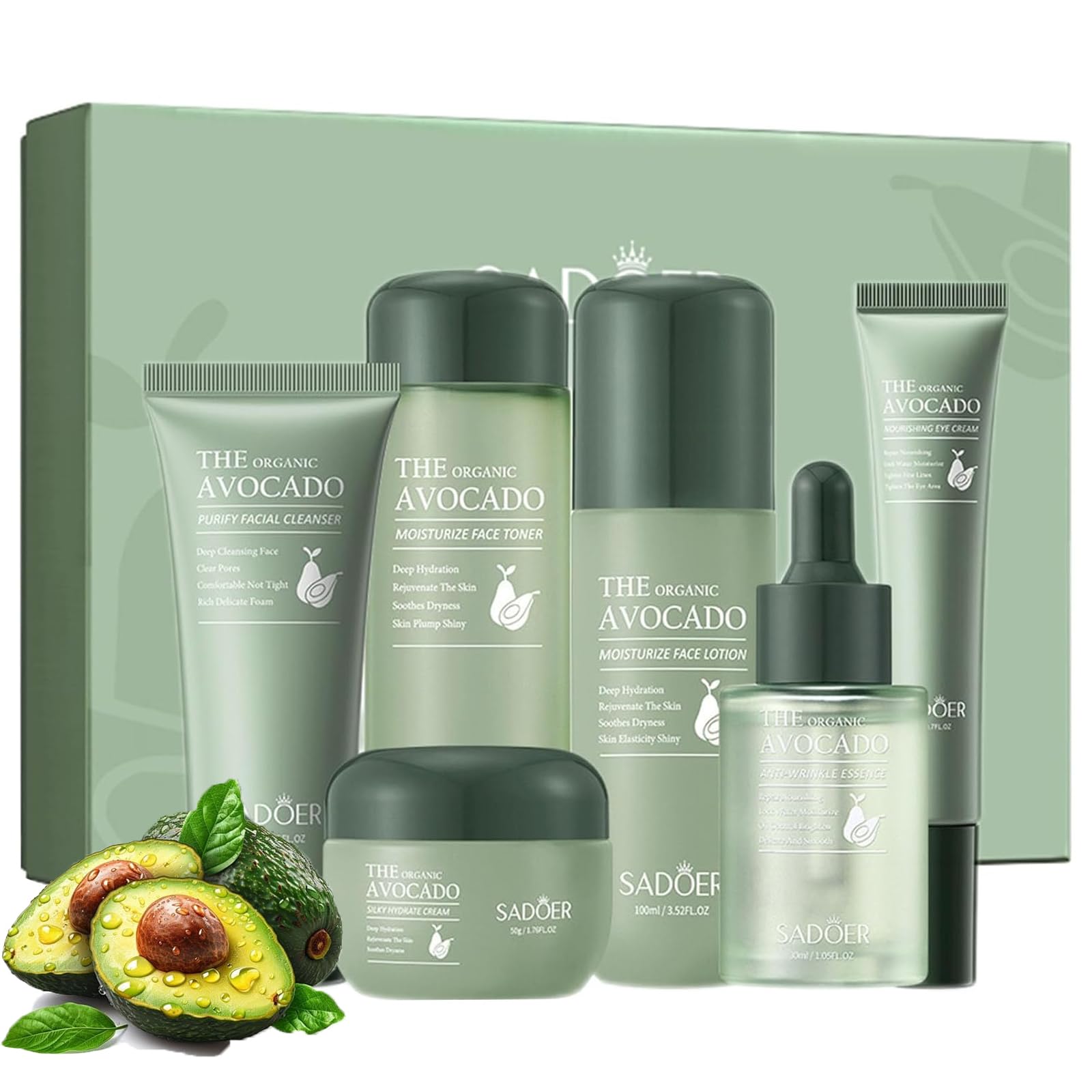 6pcs Avocado Skincare Set, Skin Care Gift Set including Facial Cleanser, Toner, Lotion, Face Serum, Face Cream
