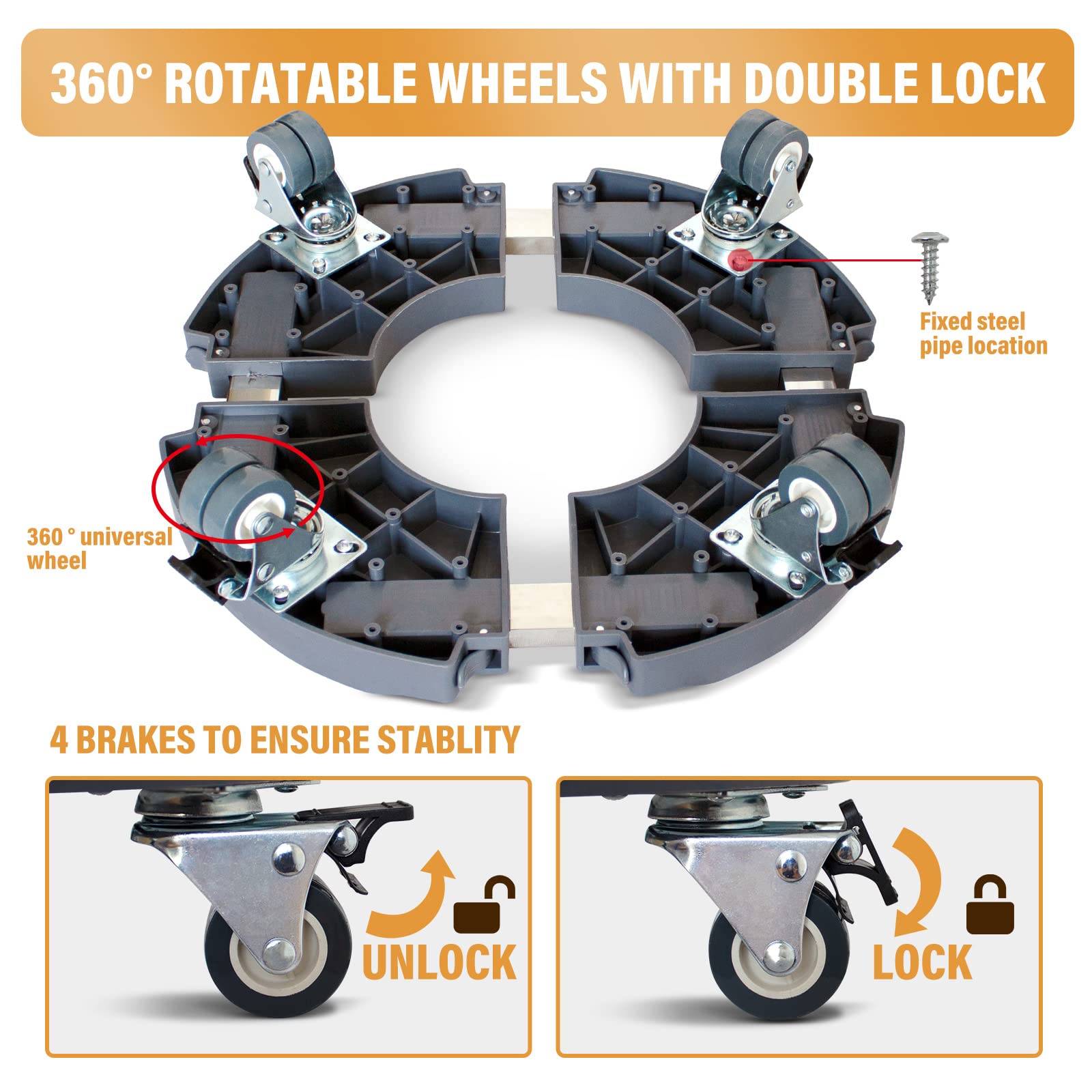 Lot de 2 supports à roulettes avec roulettes, 38,1 à 53,3 cm, réglables et résistants, pour pot de fleurs, pour intérieur et extérieur, chariot à roulettes