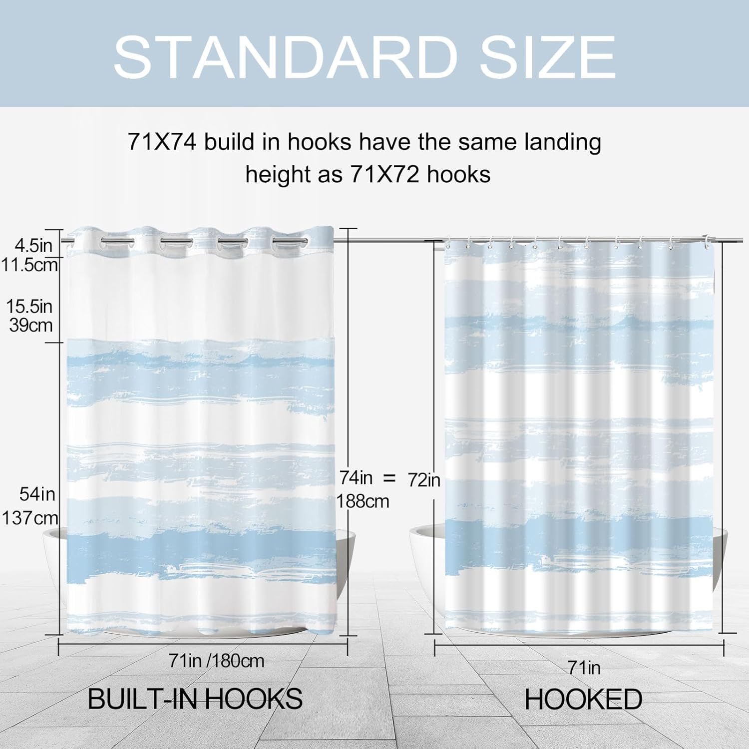 No Hook Shower Curtain and Liner Set, Light Blue and White Striped Hotel Shower Curtains for Bathroom, Minimalist Waterproof Bathroom Curtain Set with Snap in Liner Mesh Top Window, 71x74 Inch