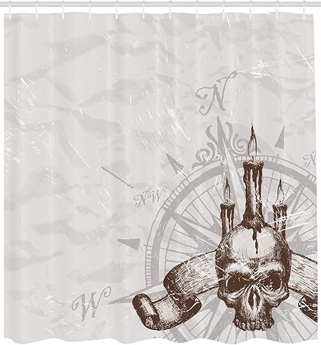 Miniatura 2 de Ambesonne Cortina de ducha con brújula, brújula con calavera y velas espeluznante aventura temática de nuevos destinos piratas, juego de decoración