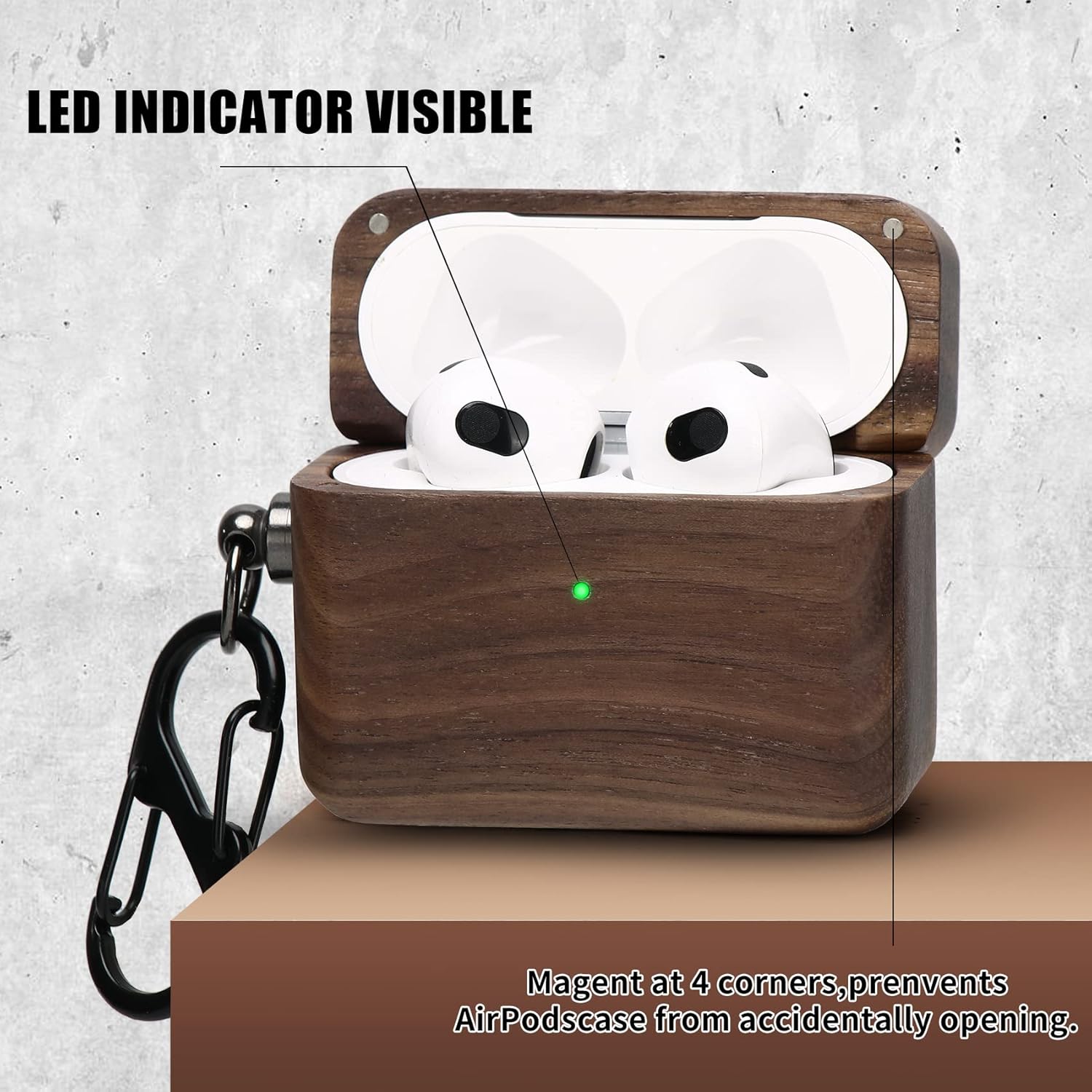 JAT Wood Airpod Case for Airpods, Full-Body Protective Wood Case with Carabiner for Apple Airpods (2021 Airpod 3, Walnut)