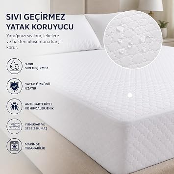 Sıvı Geçirmez Fitted Yatak Koruyucu Alez – Tek Kişilik 100x200 cm + 30 cm – Lastikli Geçmeli, Yıkanabilir, Leke Tutmayan Yatak Koruma Örtüsü – Beyaz