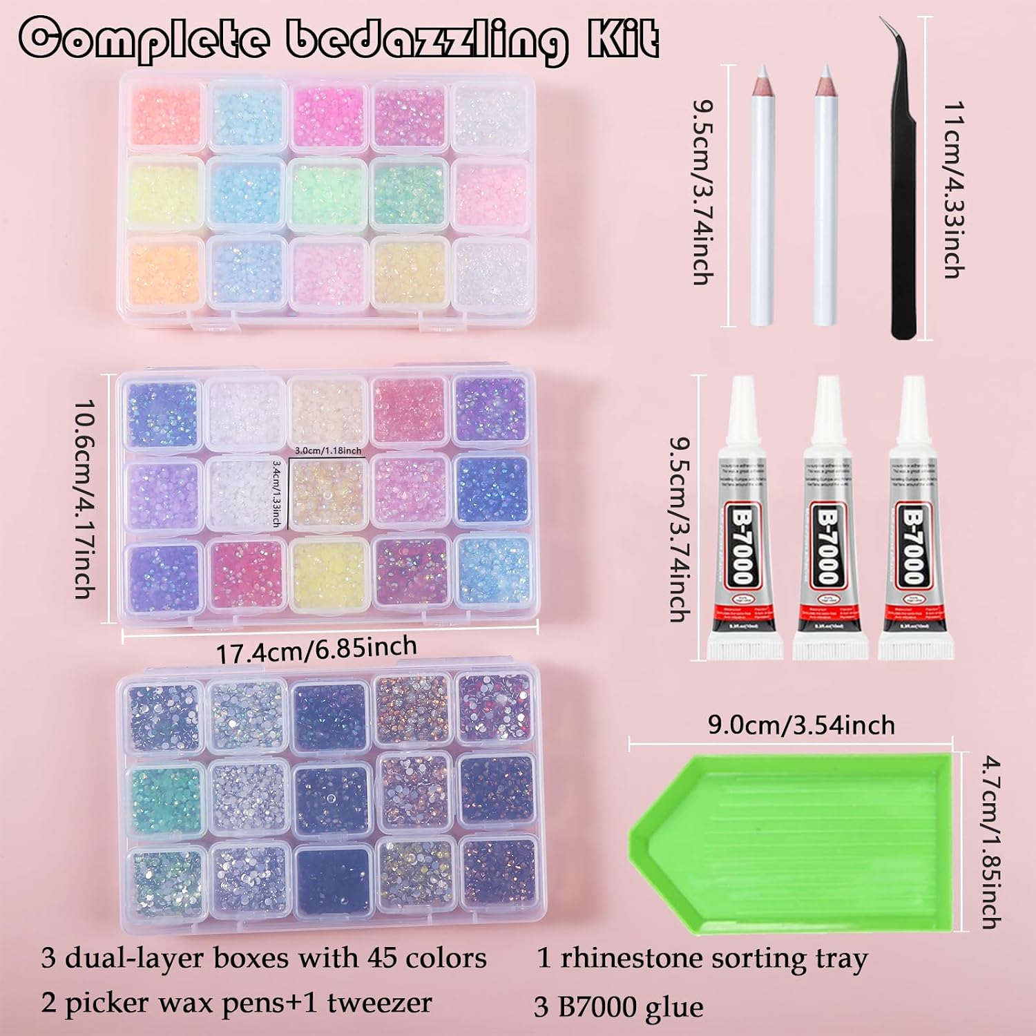 BJRGLS Bedazzling Kit Resin Rhinestones 58000Pcs with 45 Removable Organizer Boxes,45 Colors 3mm Rainbow Small Gems for Fabric Clothes Shoes Tumblers Phone Cases Nail Art with Glue Crafting Tools