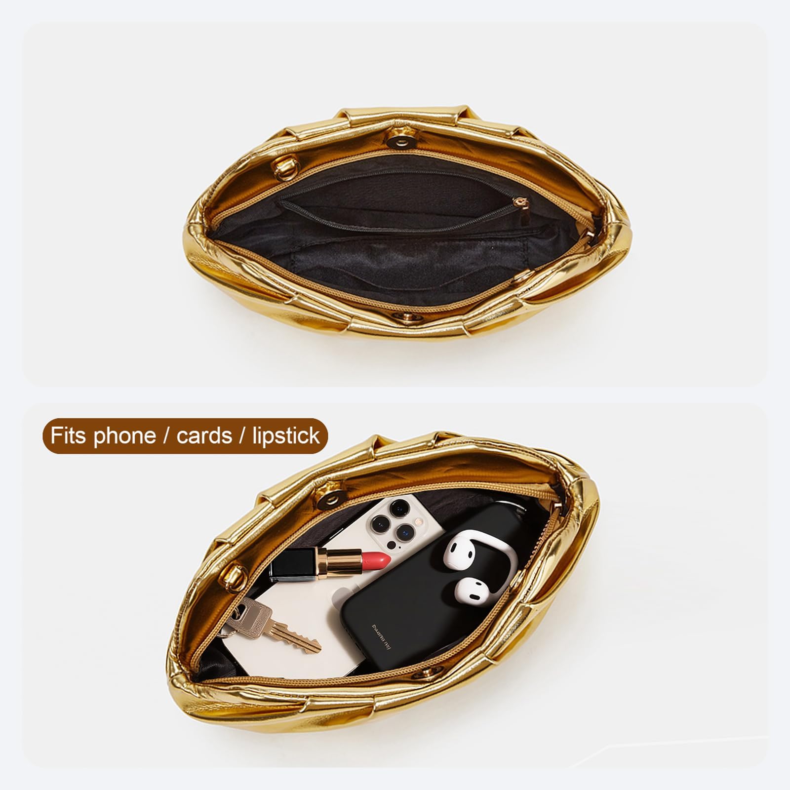 Elegante Abendtasche Damen Gold, Plissee Clutch Tasche aus PU Leder mit Abnehmbarer Kette, Goldene Handtasche für Hochzeit, Party oder Abendessen, Stilvolle Damen-Clutch mit Kreatives Design