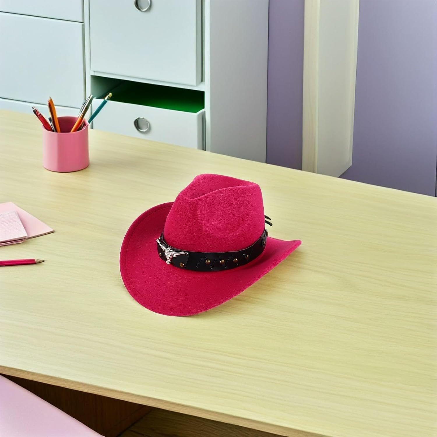 POPETPOP Unisex Western Cowboy Hat with Bull Head Design and Rivets, Wool Wide Brim Fedora with Upturned Brim, Resistant to Deformation, for Outdoor Activities and Horseback Riding