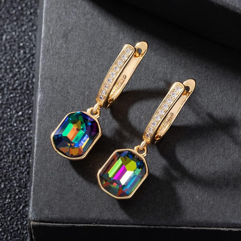 Austrian Crystal Octagon Leverback Drop Earrings for Women 14K Gold Plated Hypoallergenic Jewelry - Image 3