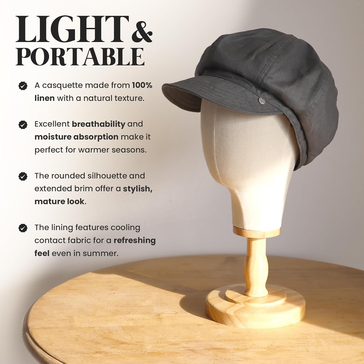 Loo&c Women's Casquette Newsboy Cabbie Hat, Wide Brim Linen Cap, UV Protection Cooling Lining, Foldable, Adjustable