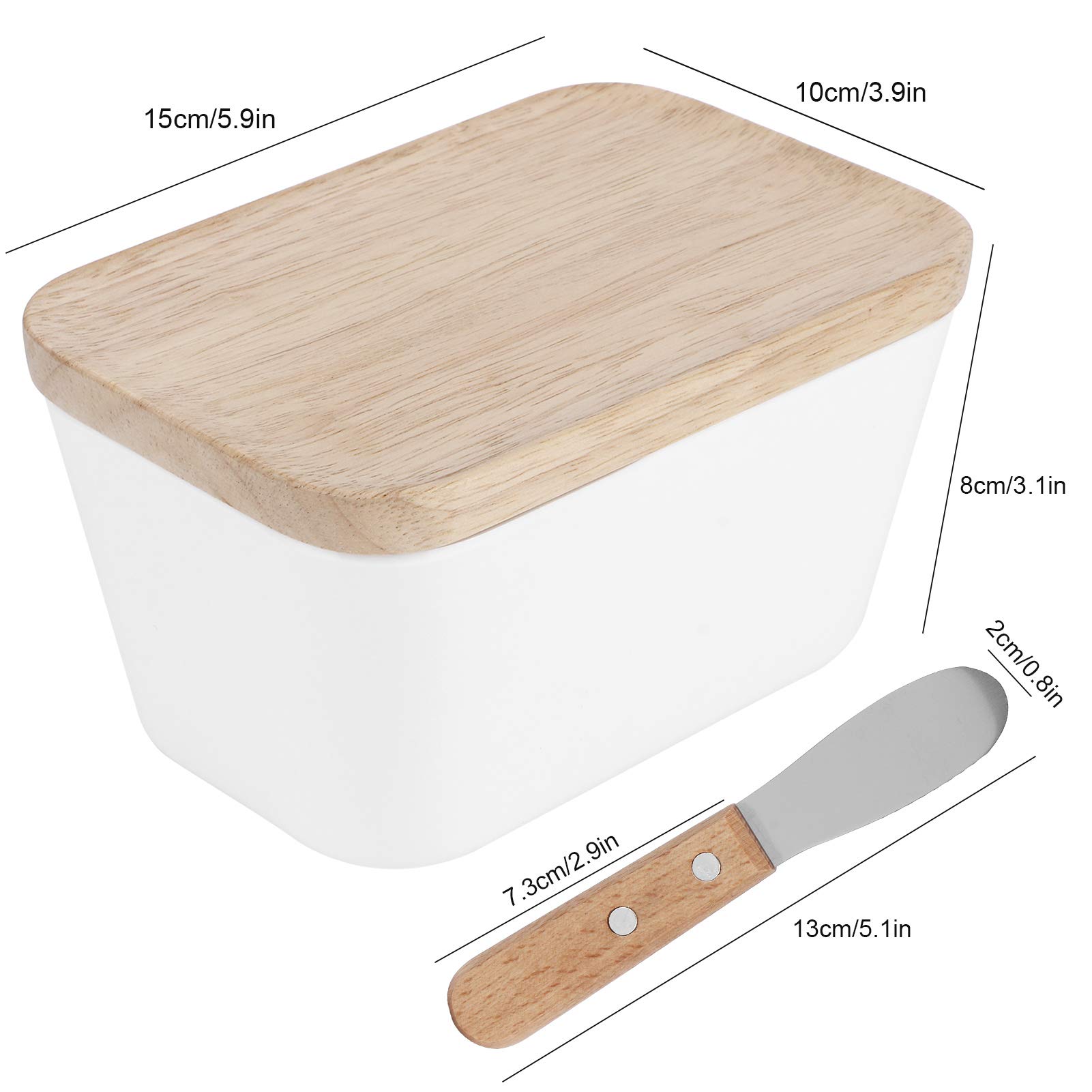 SIXRUN Mantequera con Cuchillo para Mantequilla, Tapa de Haya, Recipiente para Mantequilla de Melamina de 250 Ml para 250 G de , Anillo de Sellado, Tapa que Funciona como Tabla de Cortar, para