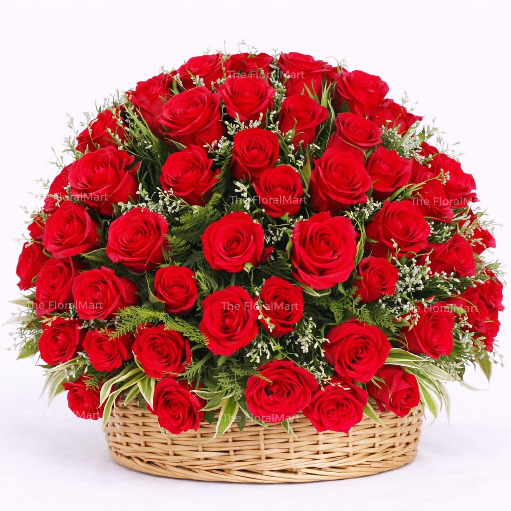 The FloralMart Fresh Flowers Basket Arrangement of 50 Red Roses with Seasonal Fillers, for Birthday Gift, Anniversary Gift, Valentines Gift, (Same Day Delivery)-image-39