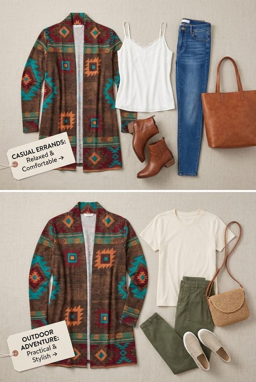 Women's Boho Aztec & Paisley Printed Open Front Cardigan, Long Sleeve Multicolor Ethnic Pattern Casual Layering Jacket - Image 5